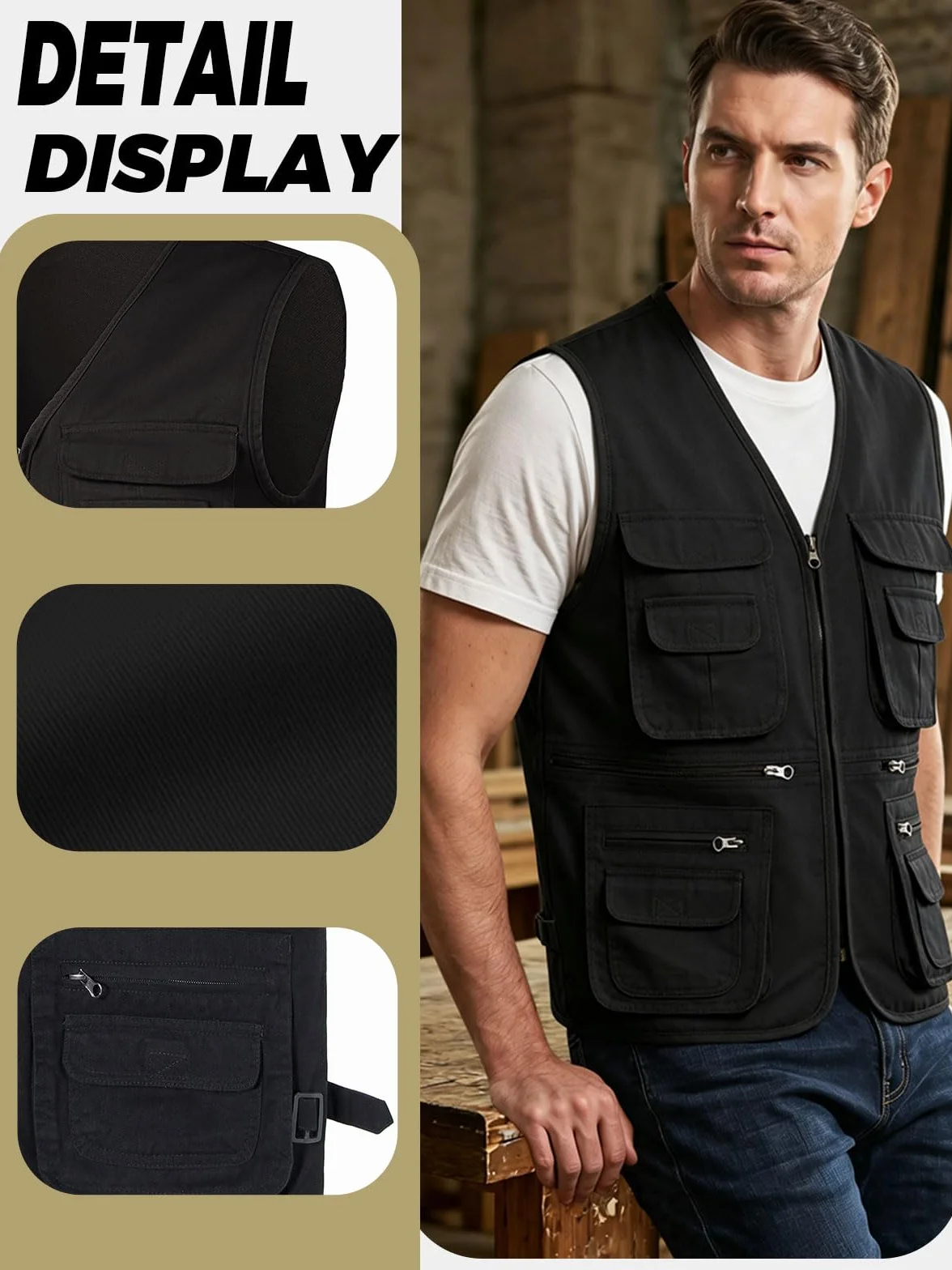 Gilet de Pêche Homme Multi-Poches Sans Manches Veste Légère Coton Chasse Camping Photographie