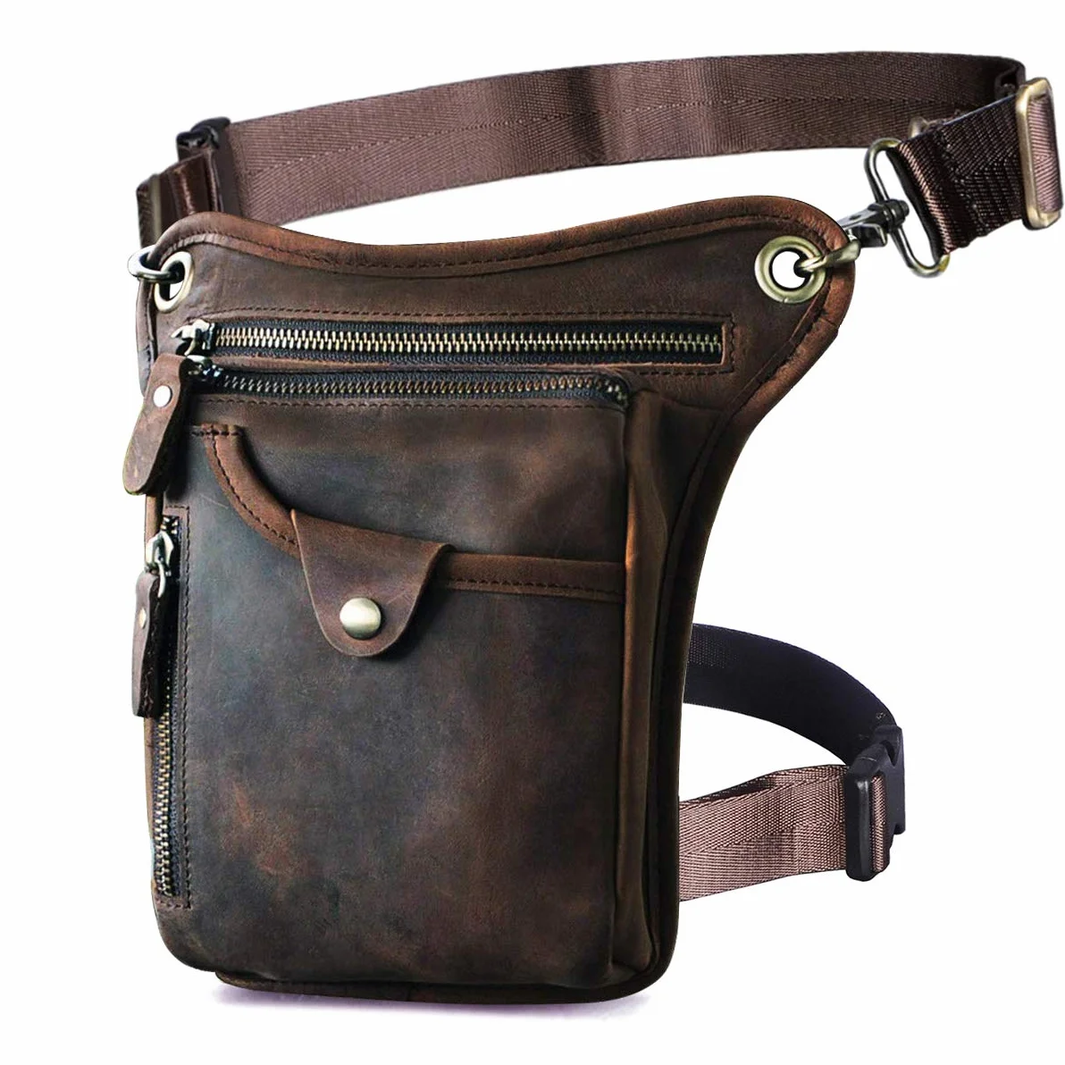 Le'aokuu Sac pour Jambes Moto en Cuir Véritable Bandoulière de Cuisse Marron Foncé