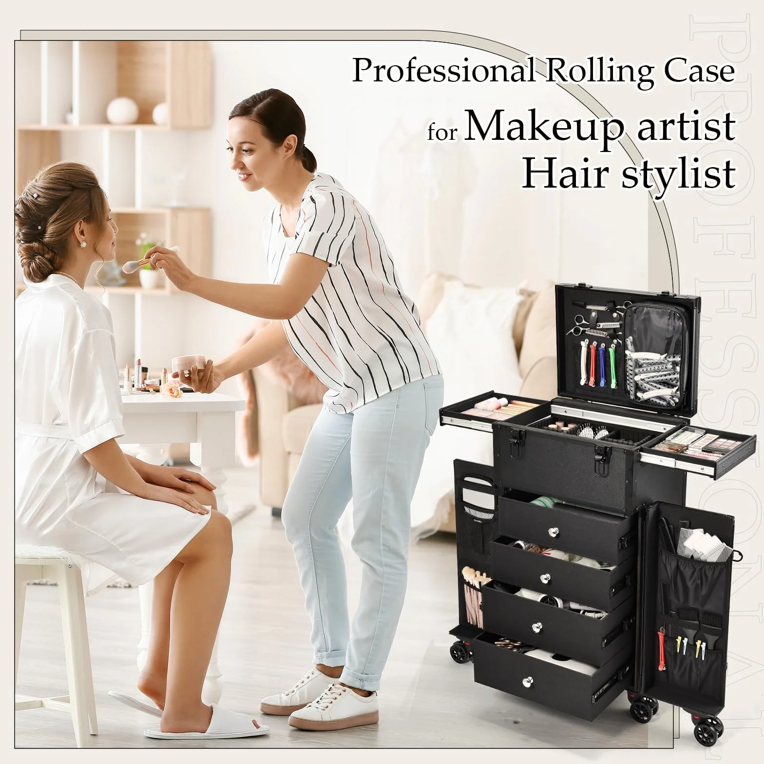 Valise de Maquillage Professionnel 6 Roues - Station Portable Trolley Noir Profond