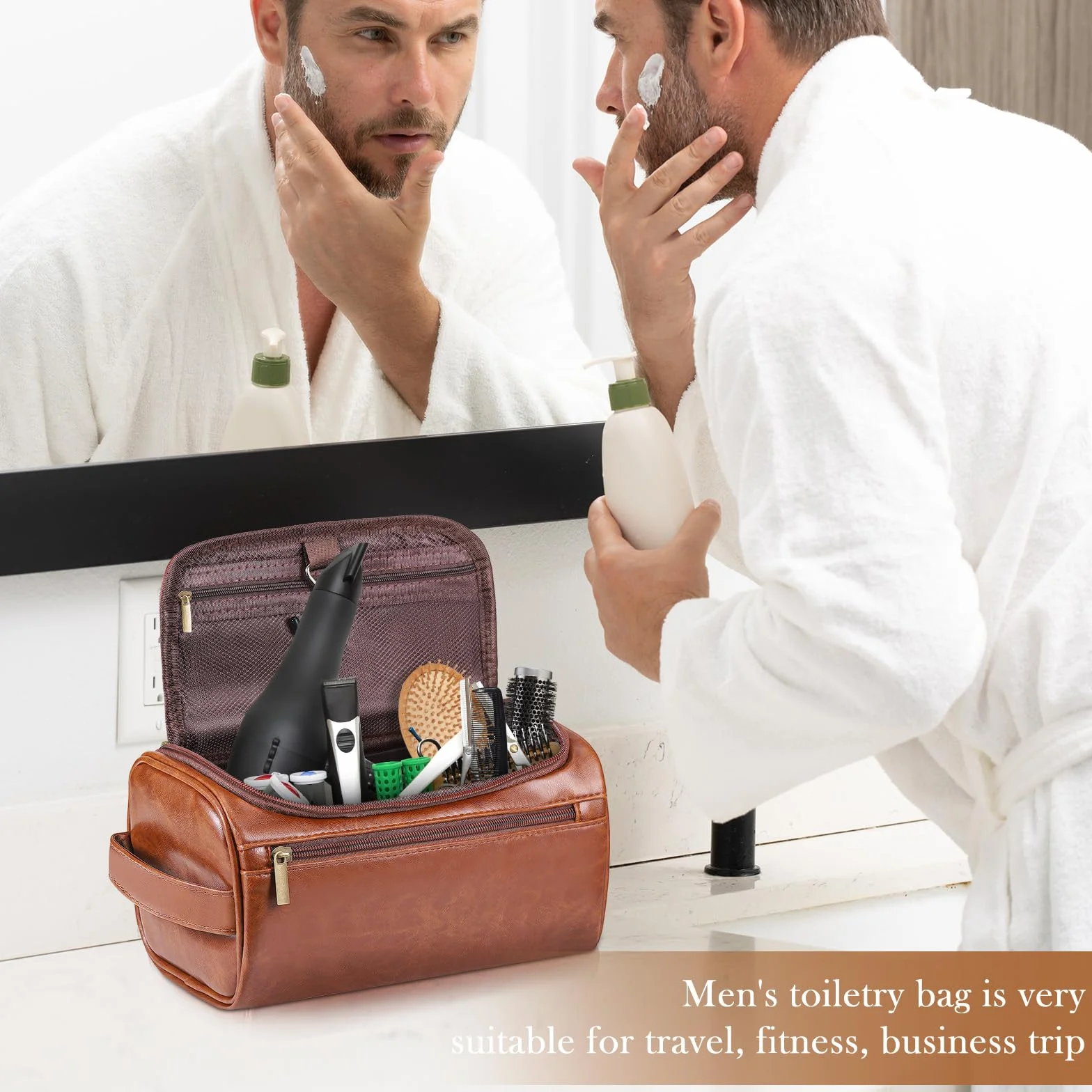 Zocipro Trousse de Toilette Homme Cuir PU Grand Sac Voyage 3 Compartiments Crochet Poignée
