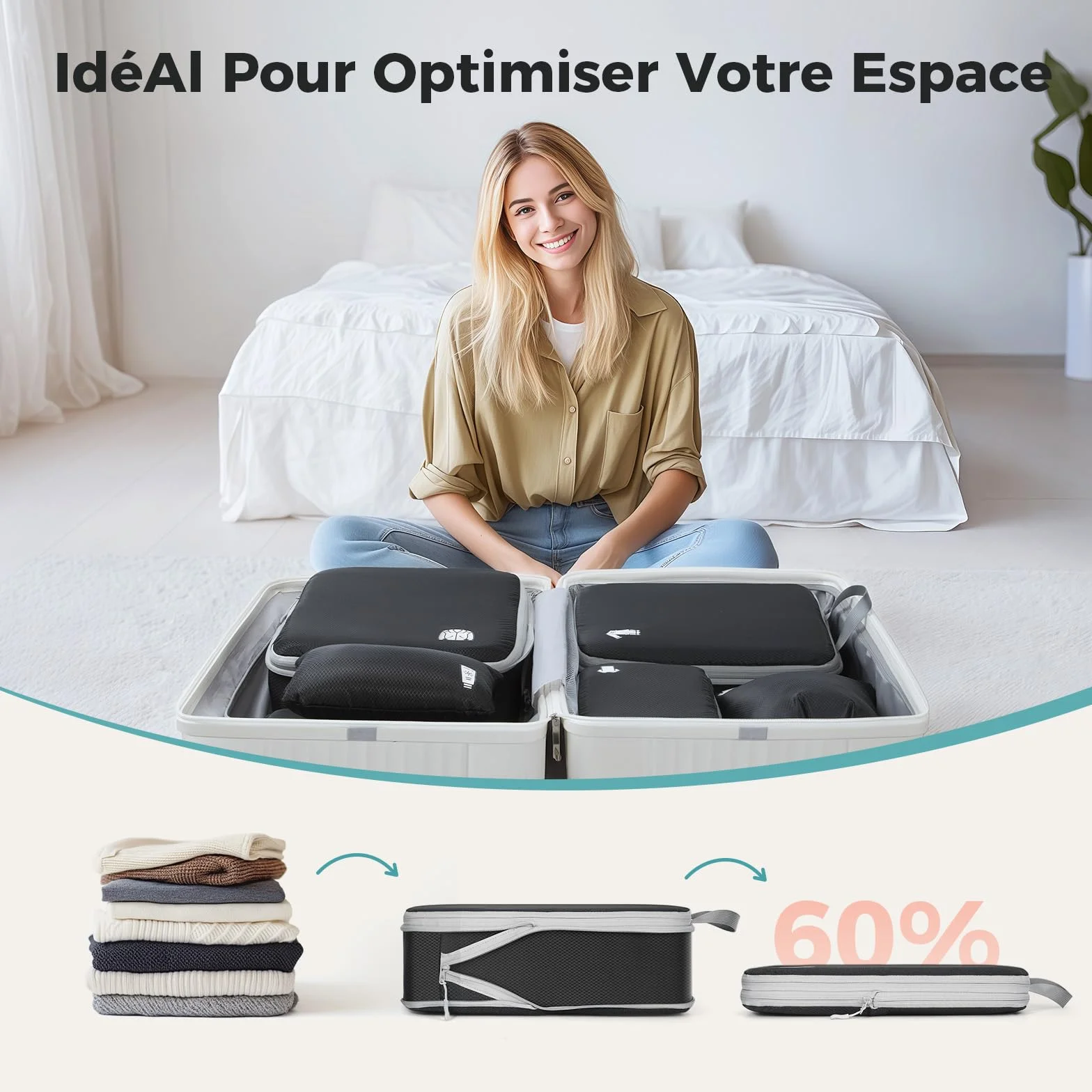 Packing Cubes Compression 8 pièces Organisateur Valise Rangement Voyage Sac à Dos