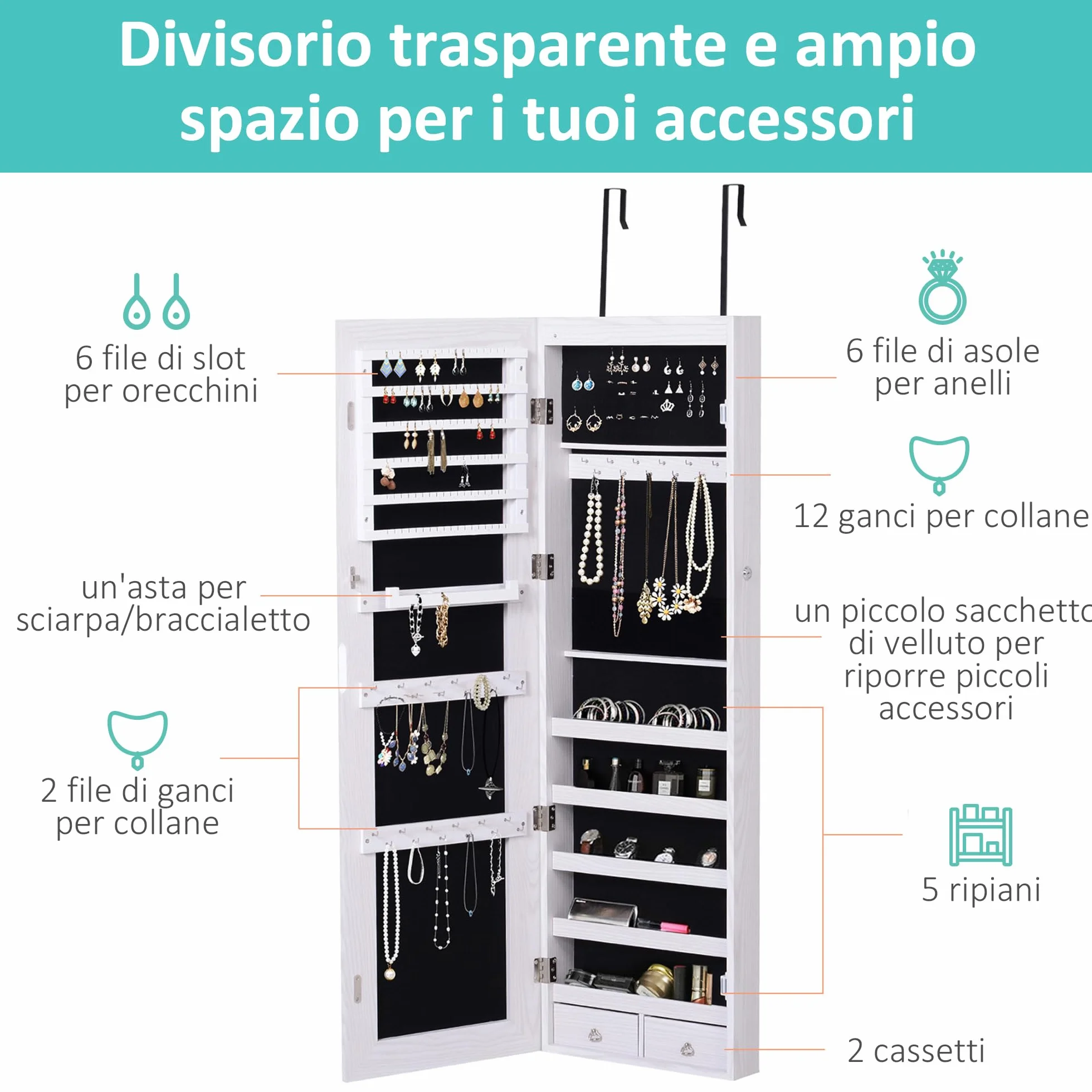 HOMCOM Armoire à bijoux avec miroir LED, verrouillable, fixation porte ou mur, 37x10x120cm, effet bois grisé