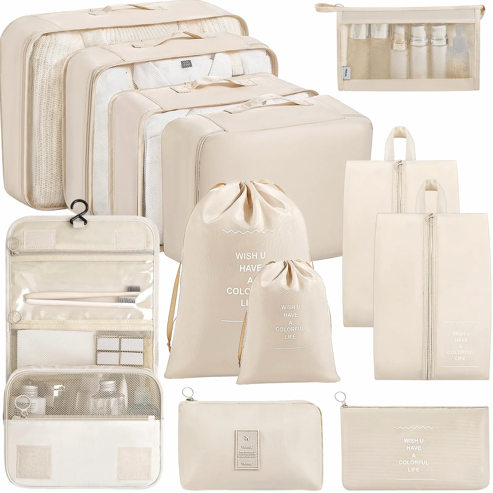 Organisateur Valise 12 Pièces Beige - Pochette Rangement Voyage Packing Cubes