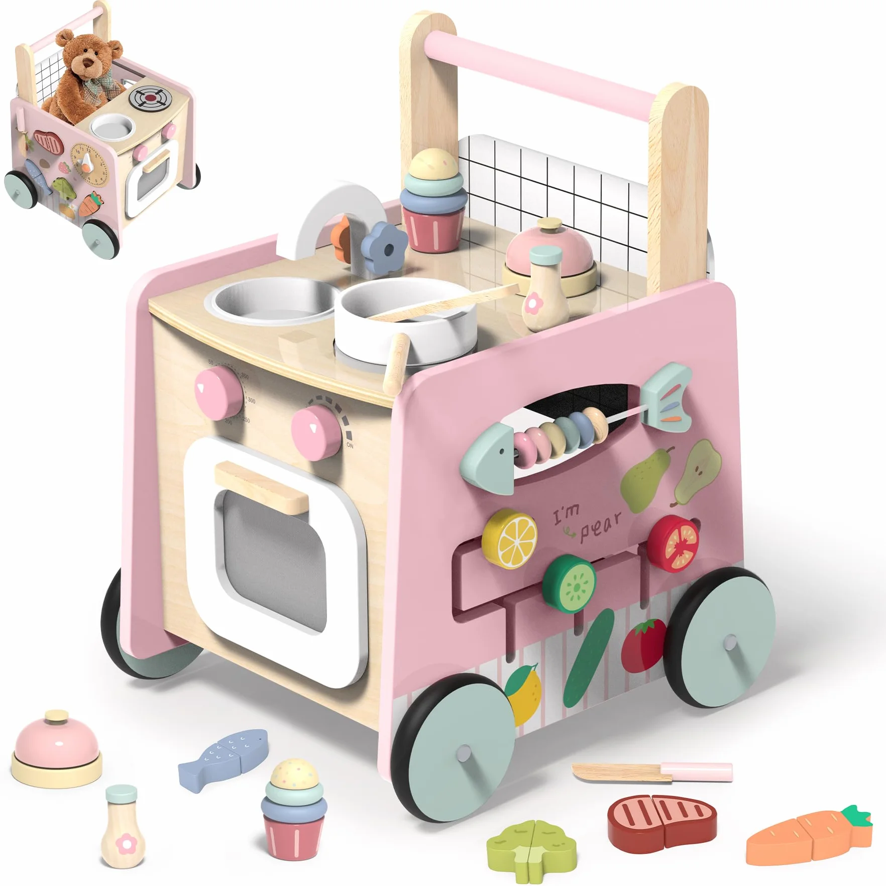 Trotteur Bébé en Bois 9 en 1 Chariot de Marche avec Jouets Montessori et Cuisine de Jeu