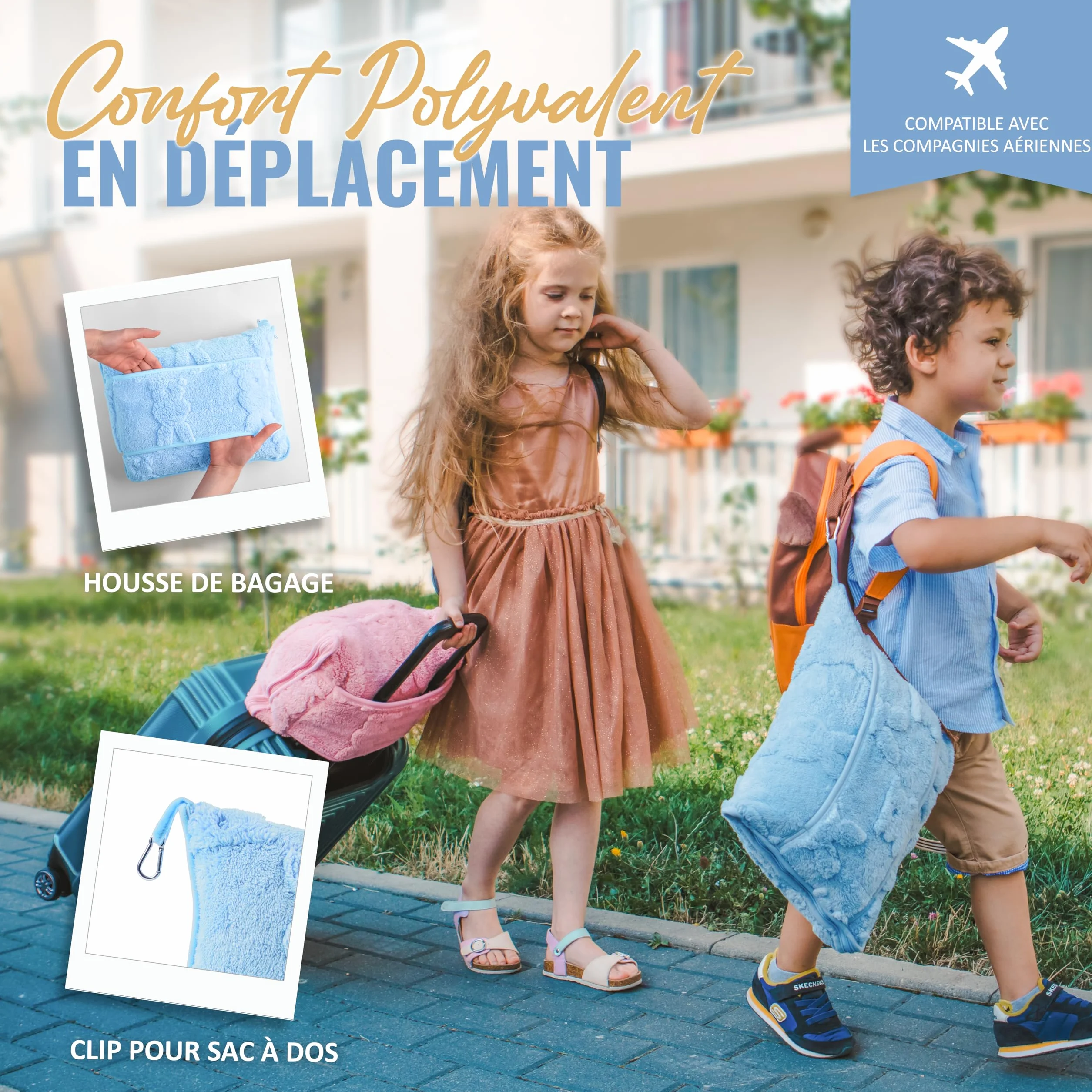 Couverture de Voyage pour Tout-Petit pour Avion Voiture avec Oreiller et Pince de Sac à Dos