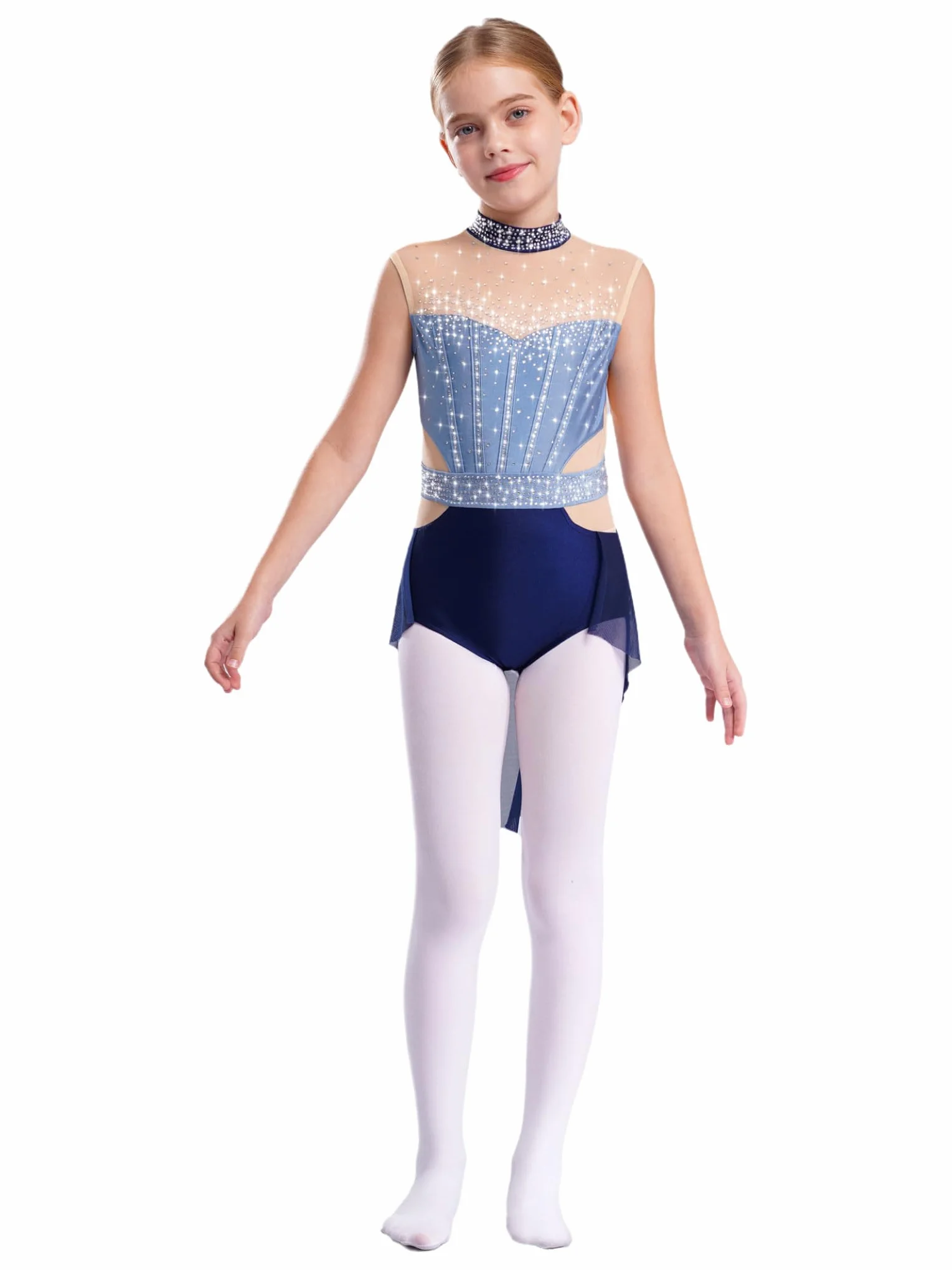 Robe Patinage Artistique Fille Enfant Justaucorps Gymnastique Strass sans Manches Danse Contemporaine