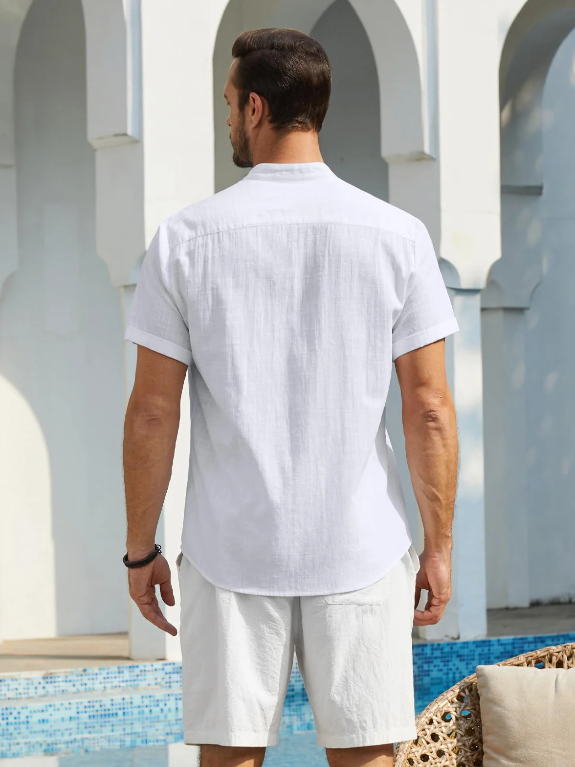 Chemises Lin Homme Manche Courte Col Mao Henley Été S-4XL