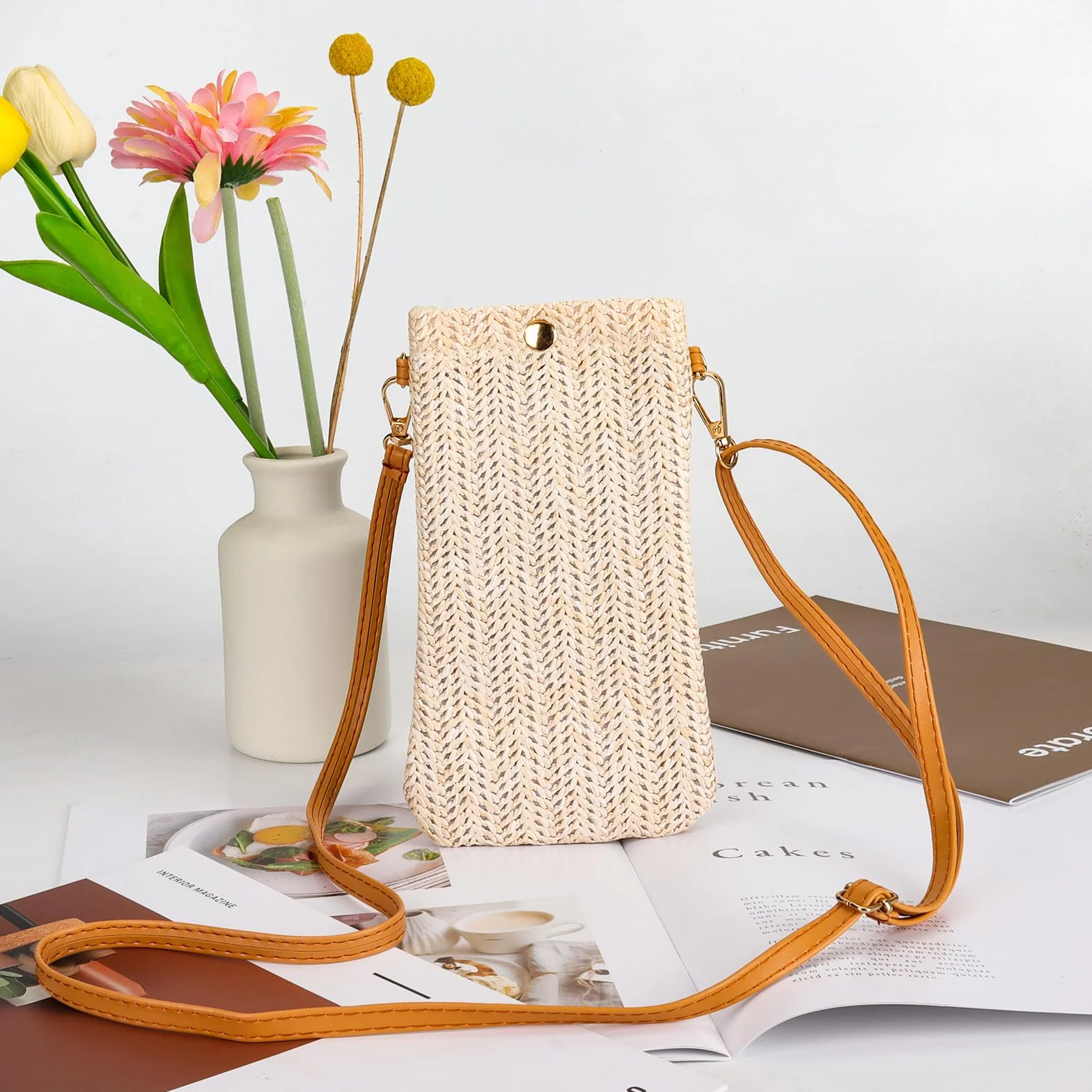 Sac à main réglable en paille pour femme, pochette téléphone portable bandoulière