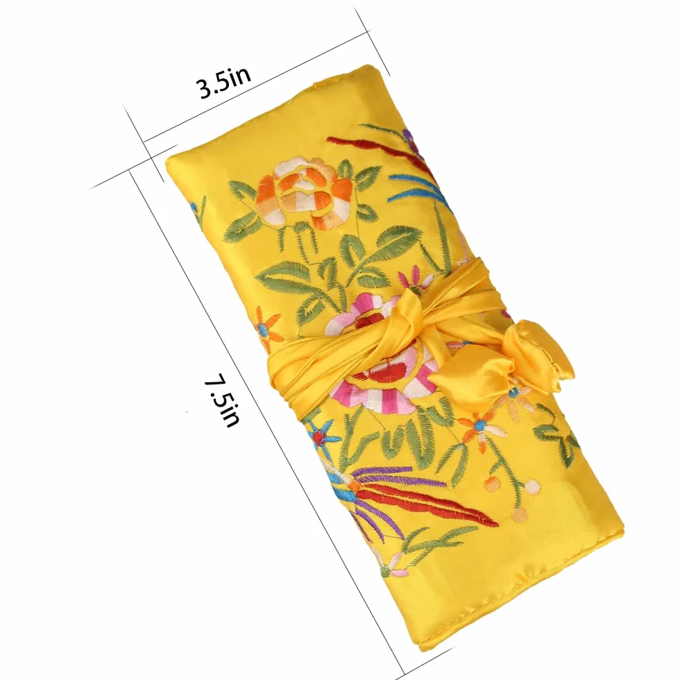 Sac à bijoux de voyage en brocart de soie fleurs et oiseaux avec rubans, fermeture à nouer, jaune