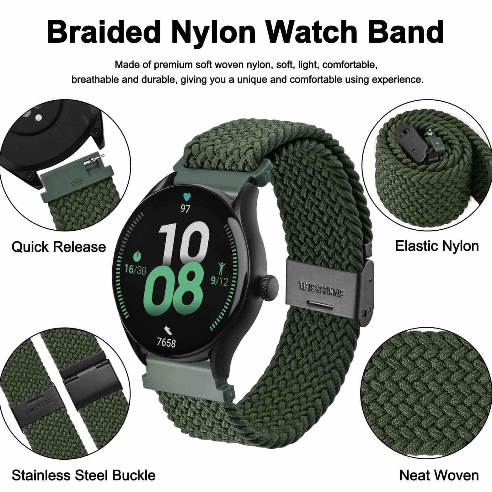 WOCCI Montre Tressée Nylon Homme Femme Boucle Réglable Dégagement Rapide Sangle Sport Tissée 18mm 19mm 20mm 21mm 22mm