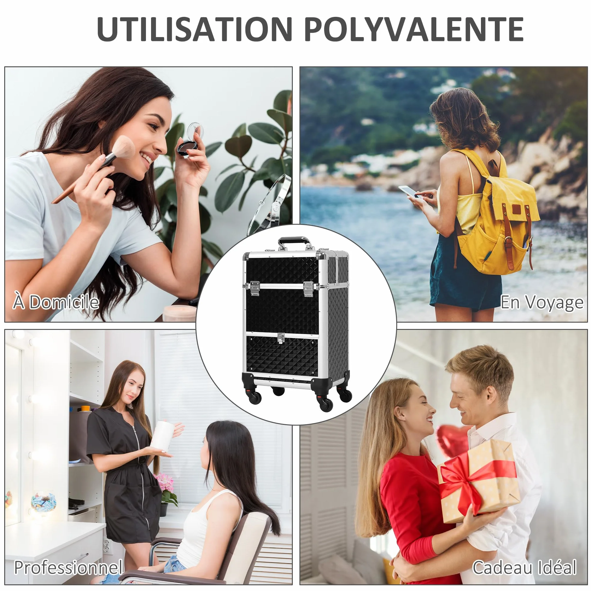 HOMCOM Valise Trolley Maquillage Mallette cosmétique Vanité poignée télescopique 34x25x62 cm alu Noir