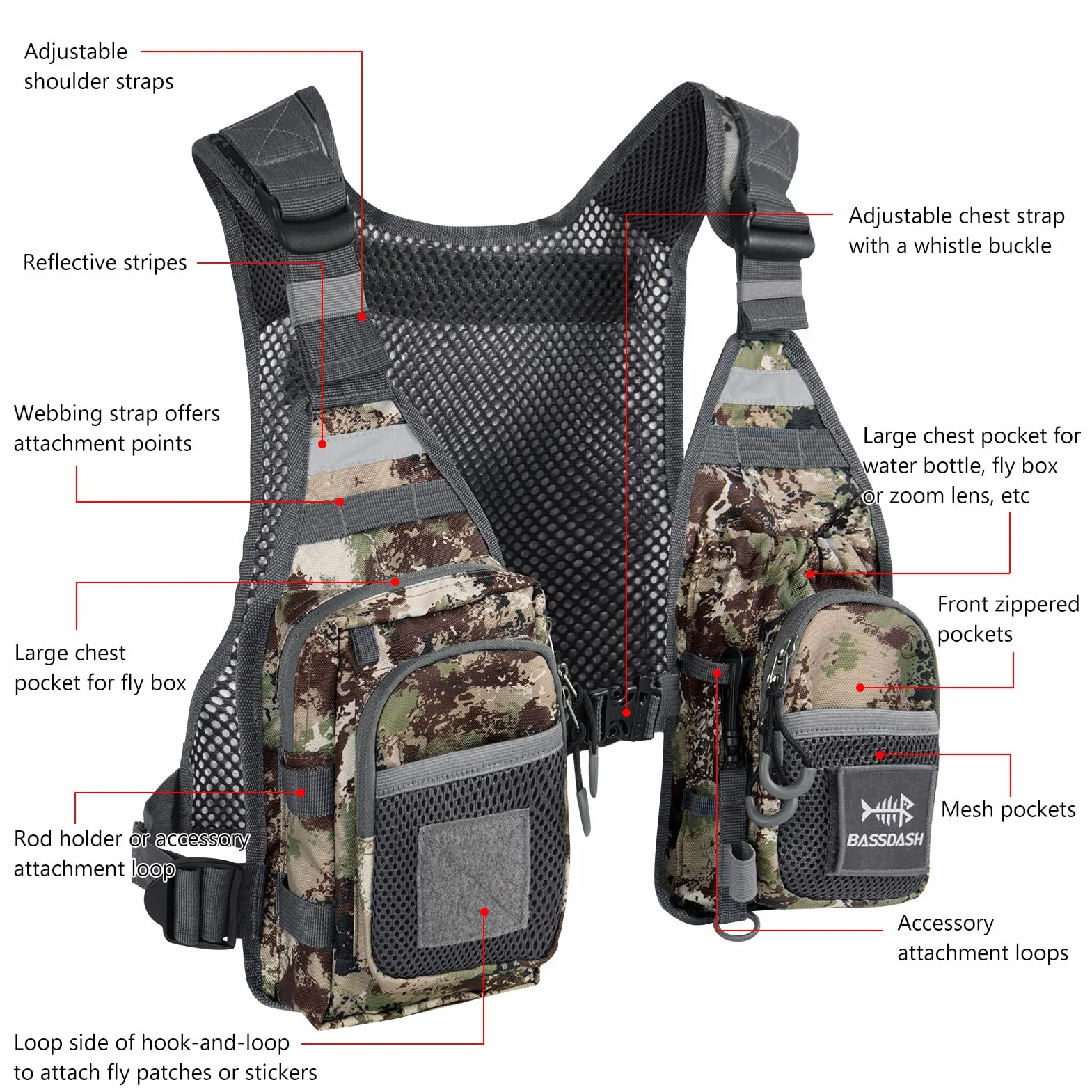Bassdash FV08 Gilet de pêche à la mouche ultra léger Taille unique