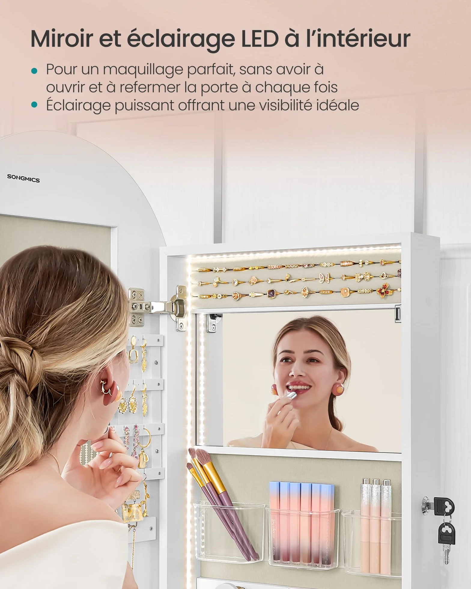 SONGMICS Armoire à bijoux LED avec miroir bombé, verrouillable, coins arrondis, blanc nuage JJC020W01
