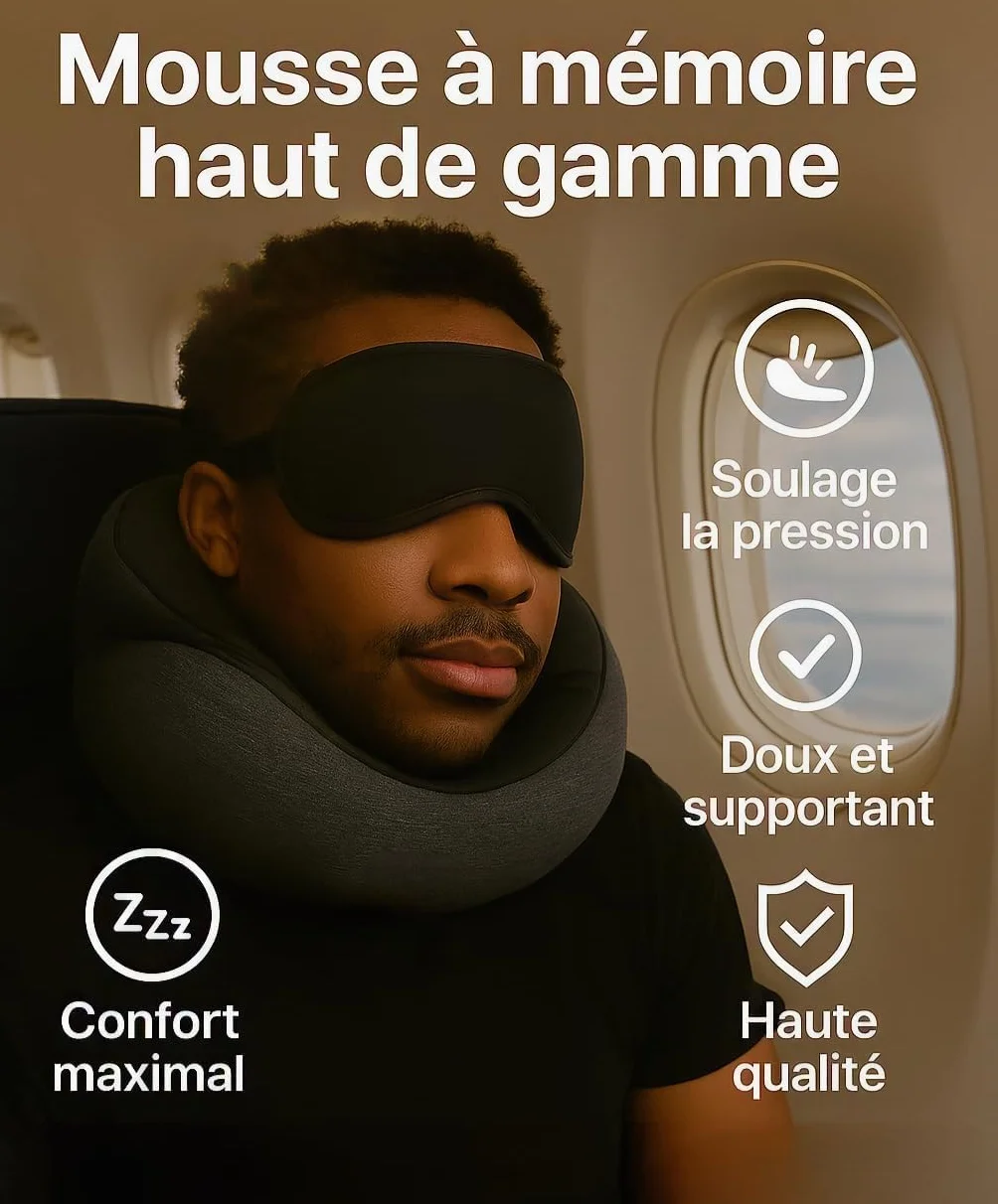 Kit Voyage 2 Personnes Gris 2 Coussins Mémoire de Forme 2 Masques Sommeil 2 Bouchons Anti-Bruit Oreiller Cervical Confort Avion Train