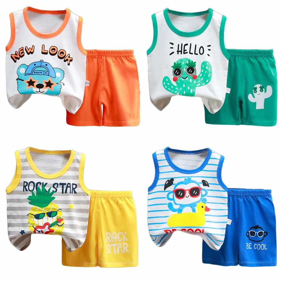 Lot de 8 Ensembles Débardeur et Short Bébé Garçon Fille Coton Imprimé Dessin Animé Tenue Été 3 Mois à 7 Ans