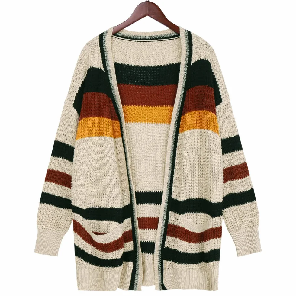 Gilet Femme Vintage Beige Col V Rayé avec Poche Mi-Long Manteau Tricoté Doux Chaud Automne Hiver Veste en Tricot Manches Longues Pull Ouvert