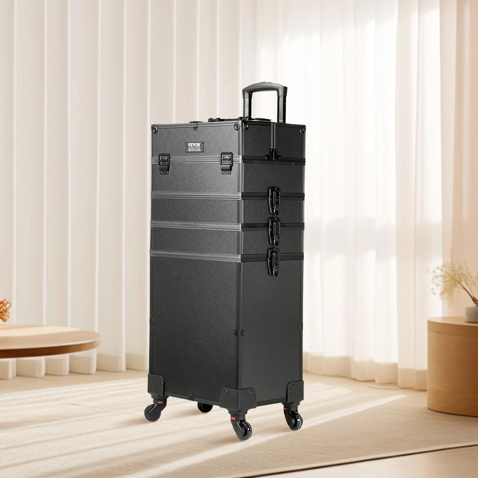 VEVOR Mallette de Maquillage à Roulettes 5en1 Valise de Rangement Aluminium Trousse Maquillage Professionnelle Voyage Roues Pivotantes 360° Noir