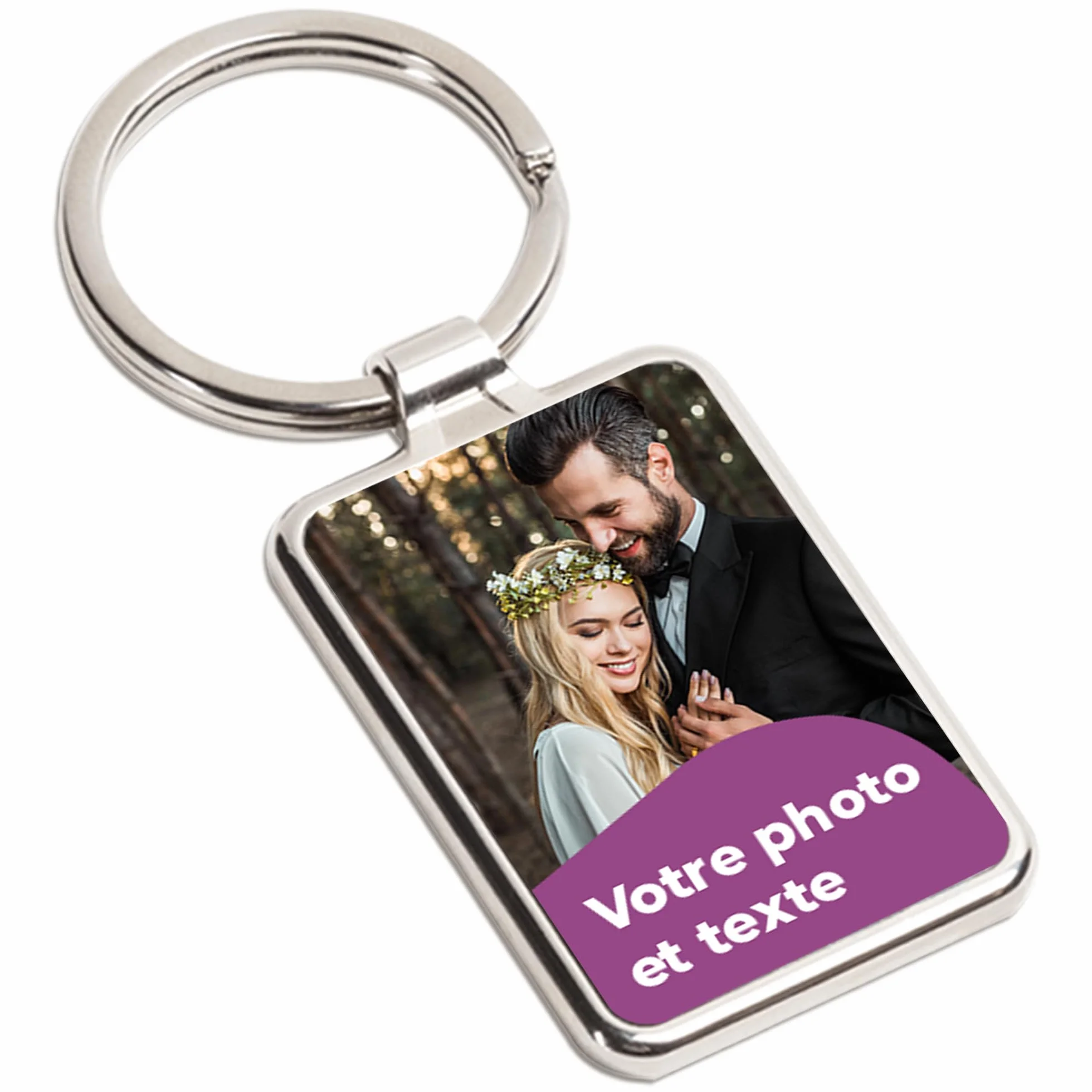 Porte-clé personnalisé en acier inoxydable 7,5 × 3 cm avec photo ou texte, impression couleur