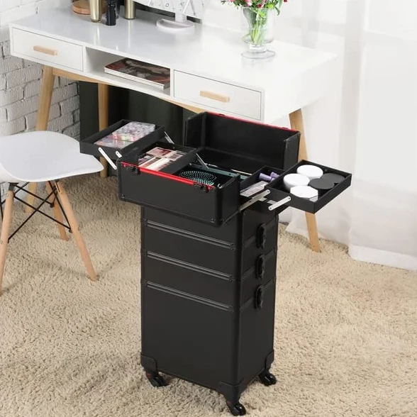 Valise Maquillage Professionnelle 4 en 1 à roulettes, Pivotante 360°, Noir