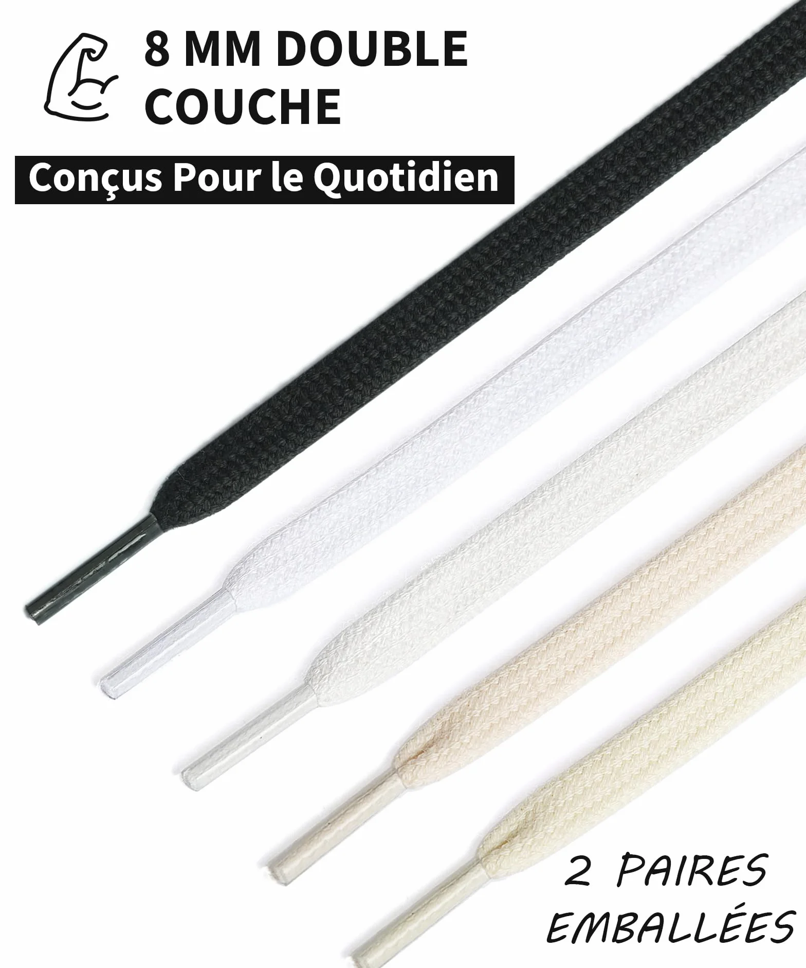Stepace Lacets Plats Premium 100% Coton 8 mm - Lacet Chaussures de remplacement pour Baskets