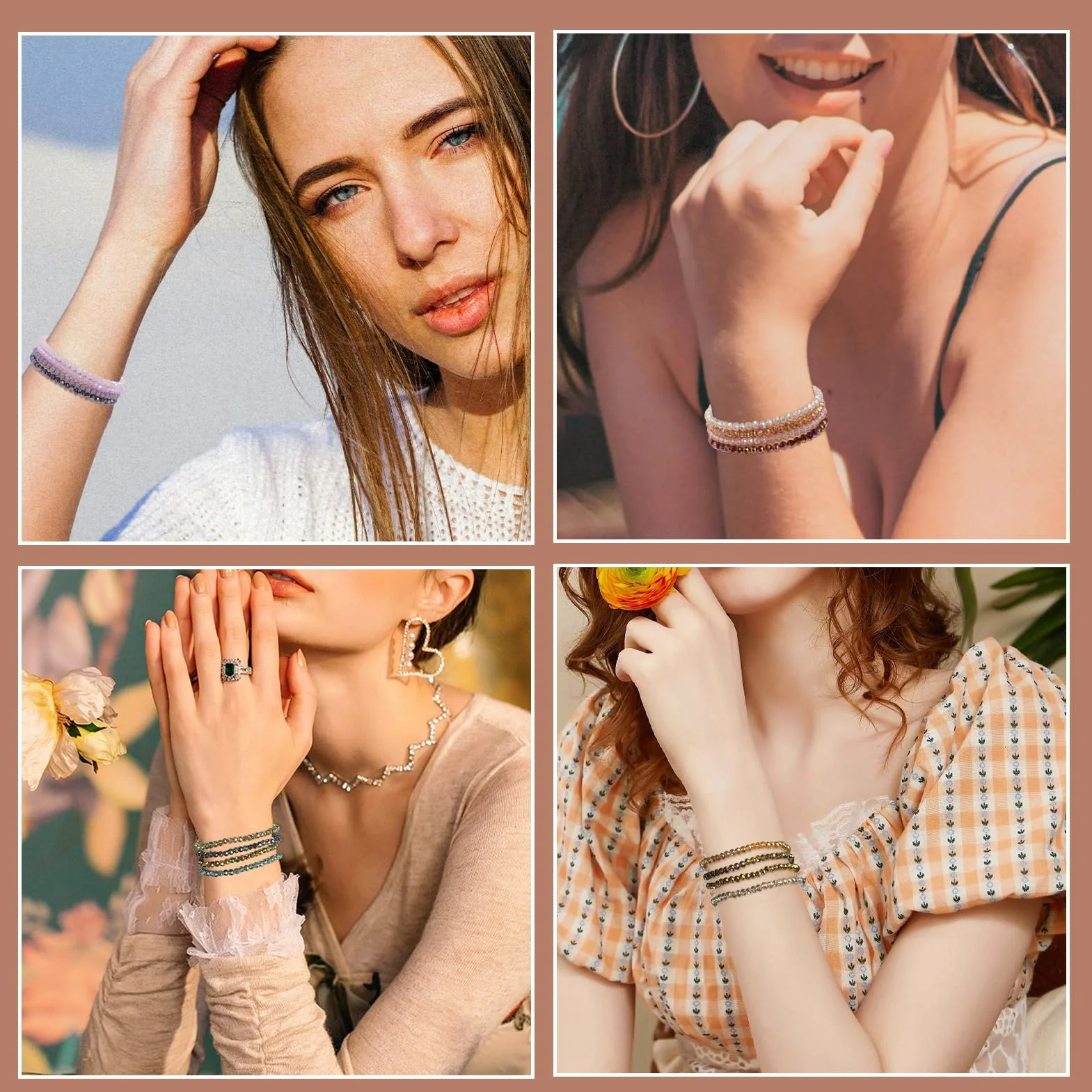 Bracelet Multicouches Perles Cristal Femme Boho