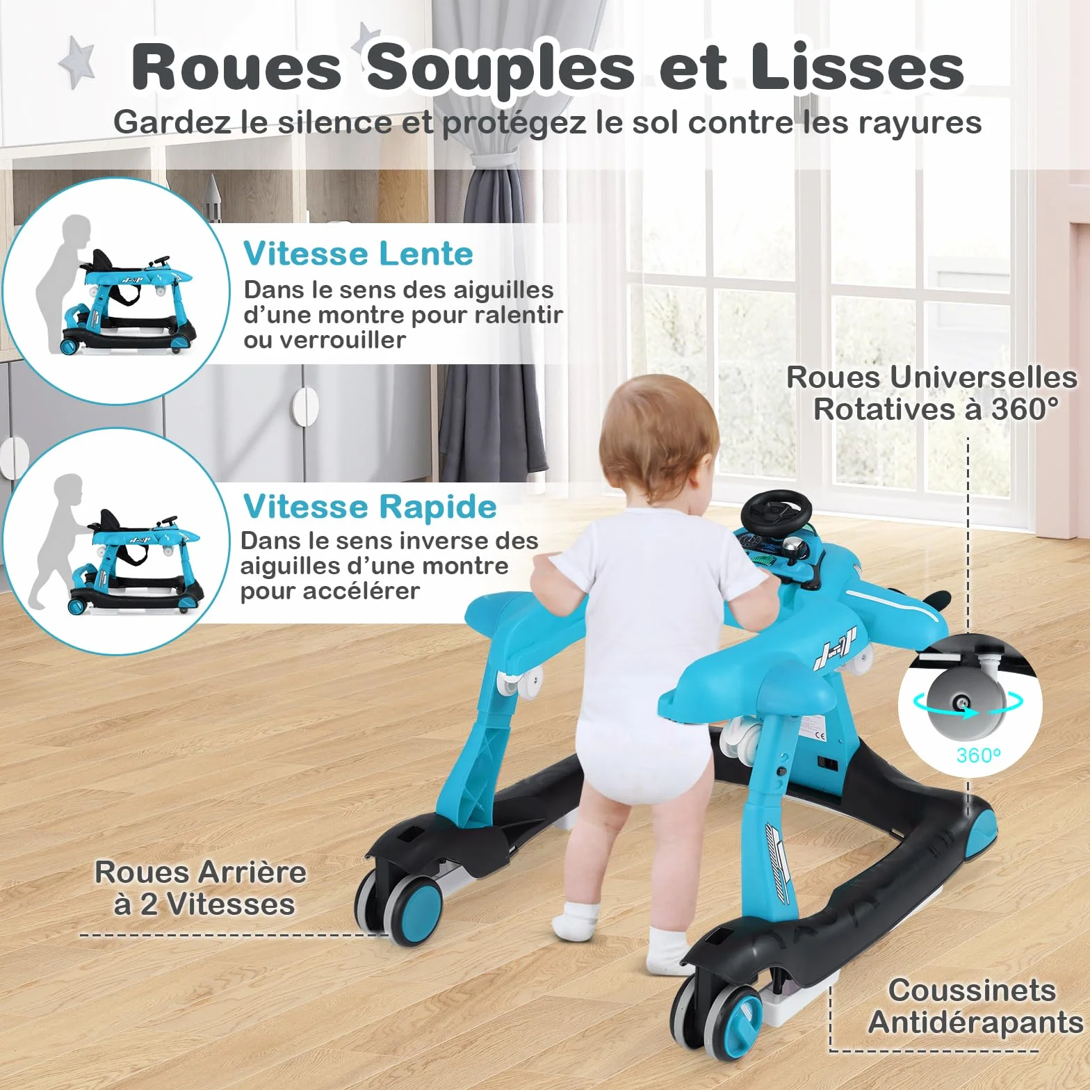 COSTWAY 6 en 1 Trotteur Bébé Pliable avec Hauteur Réglable, Roues Silencieuses, Charge 12kg (Bleu)