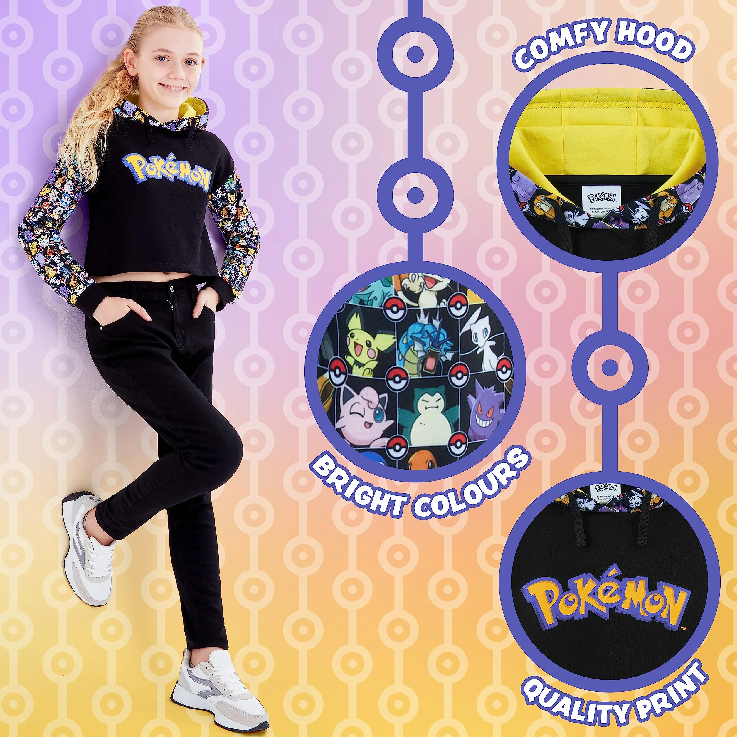 Pokémon Sweat à Capuche Fille Crop Top Officiel Pikachu Coton Tailles 5-15 Ans