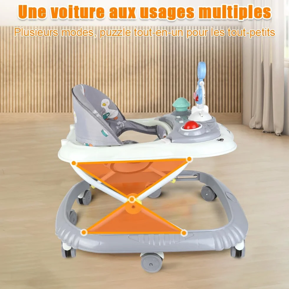 Trotteur Bébé Pliable avec Plateau Musical Réglable en Hauteur, 4 Niveaux, Coussin Amovible et Lavable, 58x55x65 cm Gris