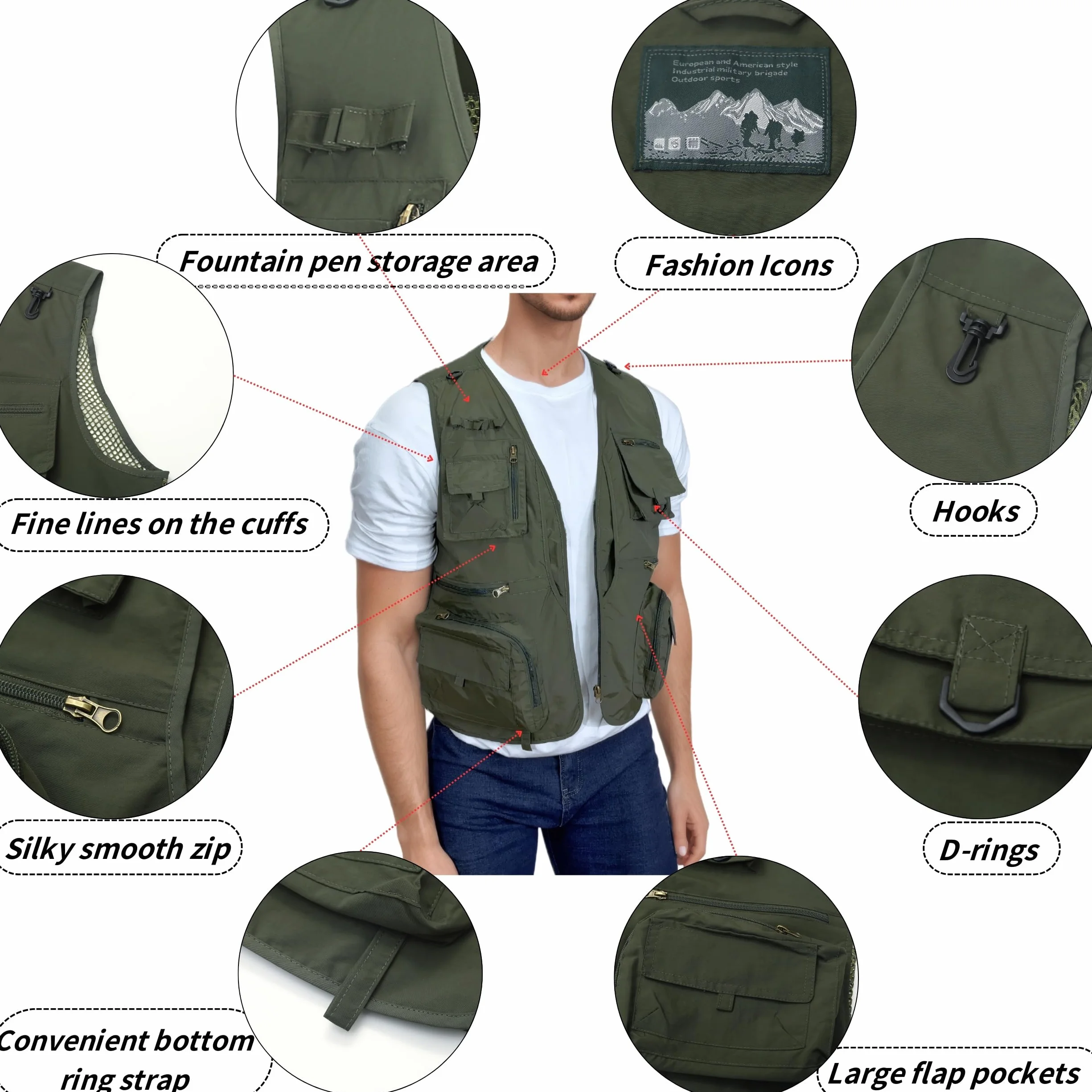 Gilet de pêche Homme Plein air Multi-Poche Séchage Rapide Respirant Sans Manches Camping Chasse Photographie