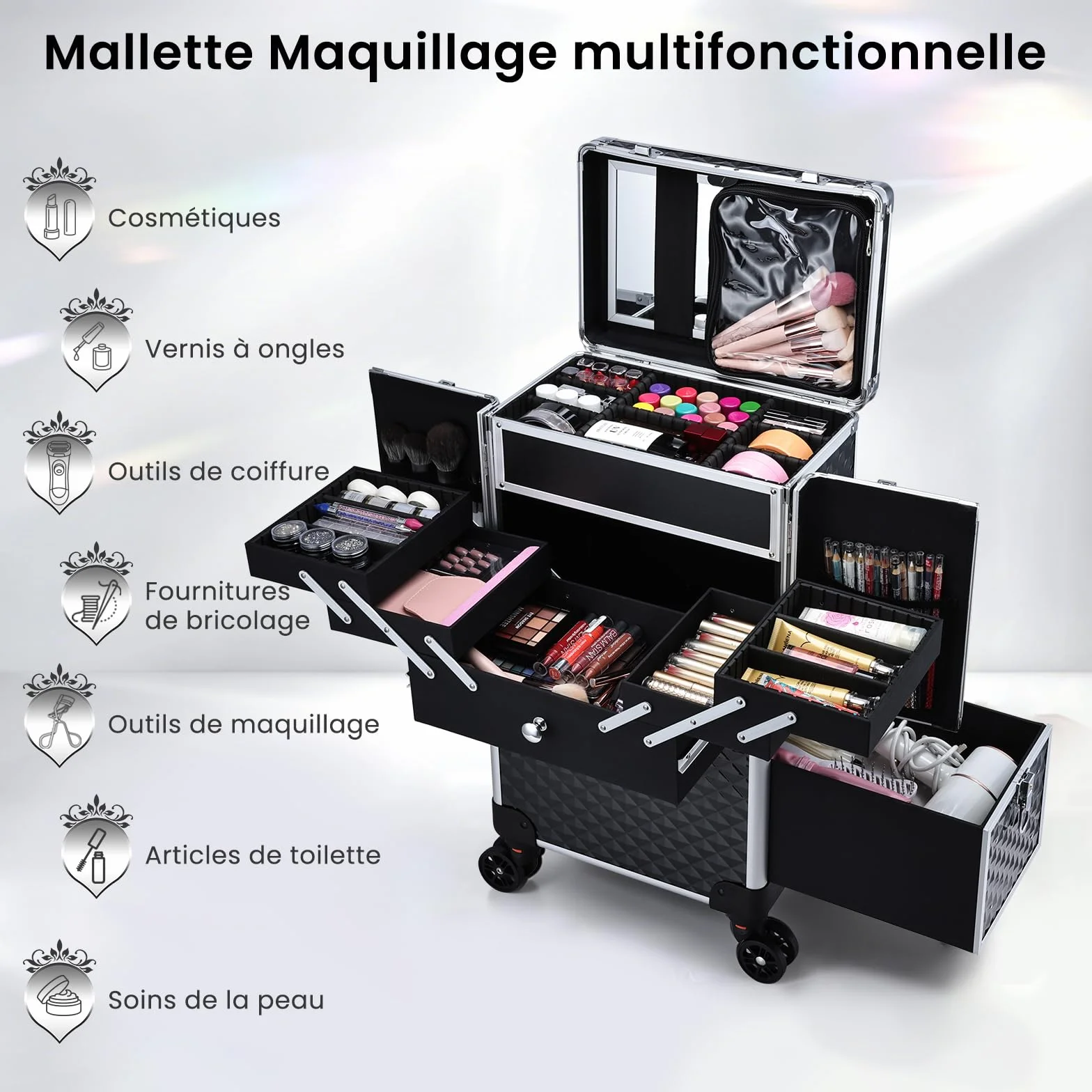 Valise de Maquillage Professionnelle à Roues avec Miroir et Tiroir Coulissant, Noir