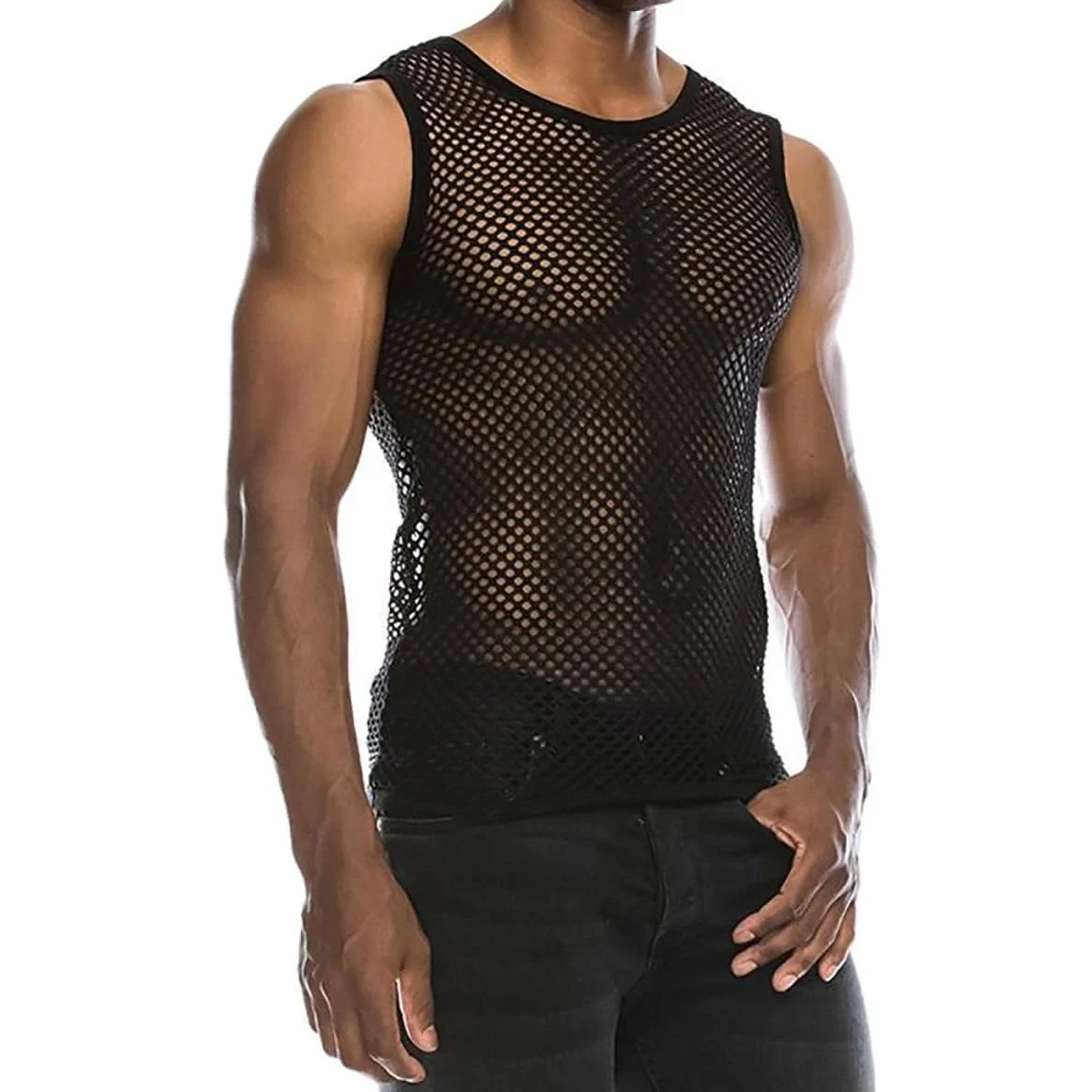 Maillot de Corps en Maille Transparent sans Manches pour Homme, Débardeur Filet Respirante T-Shirt Muscle Tank Top Noir