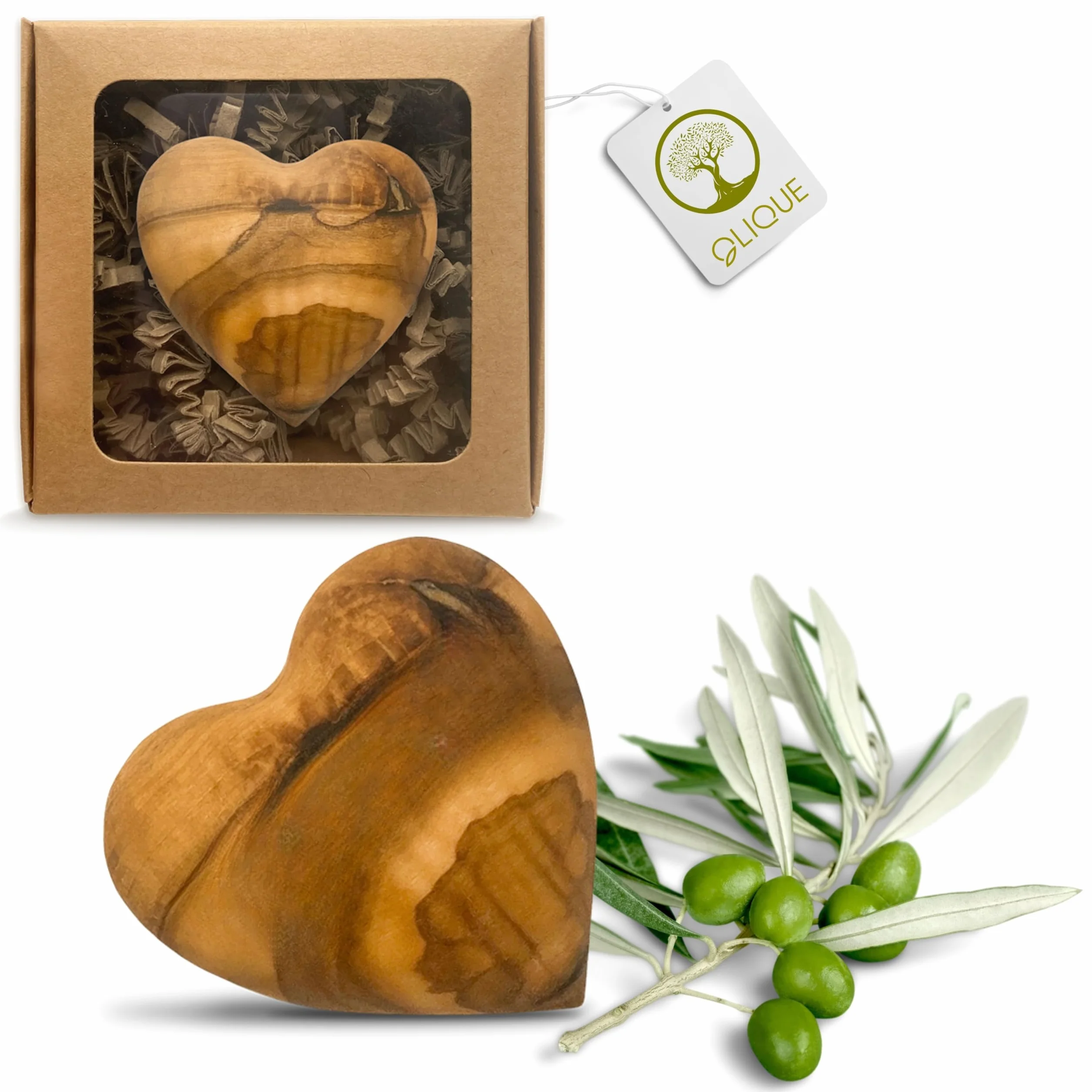 Cœur en Bois d'Olivier Pierre de Préoccupation Faite à la Main Cadeau Naissance Baptême Communion Confirmation