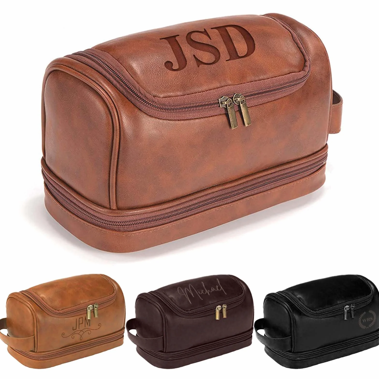 Grand sac de toilette en cuir PU 3-en-1 personnalisé pour hommes avec monogramme gravé au laser