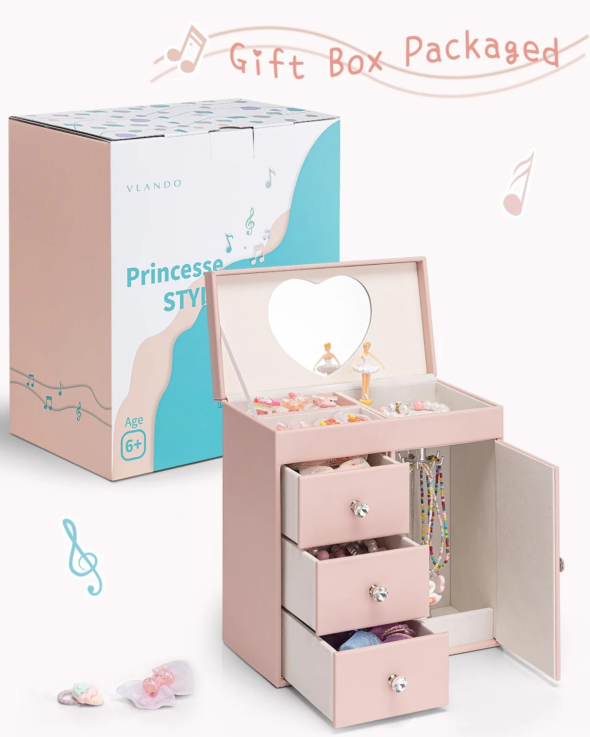 VLANDO Boîte à bijoux musicale pour filles, grande boîte à musique avec ballerine, 4 étages