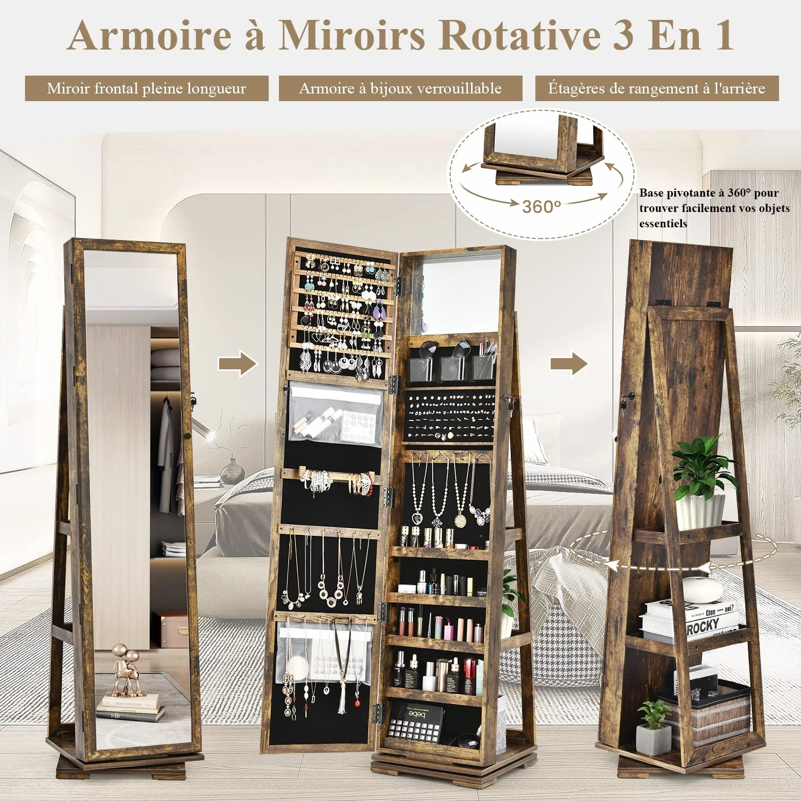 RELAX4LIFE Armoire à Bijoux Pivotante 360º avec Miroir sur Pieds, Verrouillable à Clés, 3 Étagères, Marron Rustique