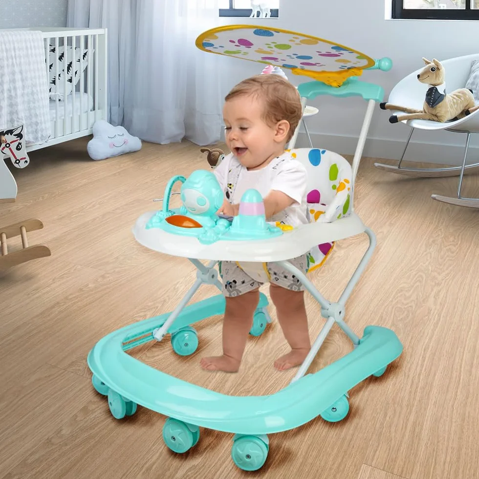 OHMG Trotteur 4 en 1 bébé avec plateau d'alimentation amovible, musique et lumières, pliable, centre d'activités avec basketball stand