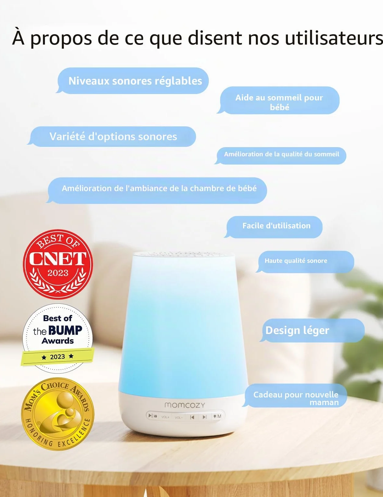 Momcozy Machine à bruit blanc avec 34 bruits apaisants, lampe pour bébé et adultes, contrôle APP