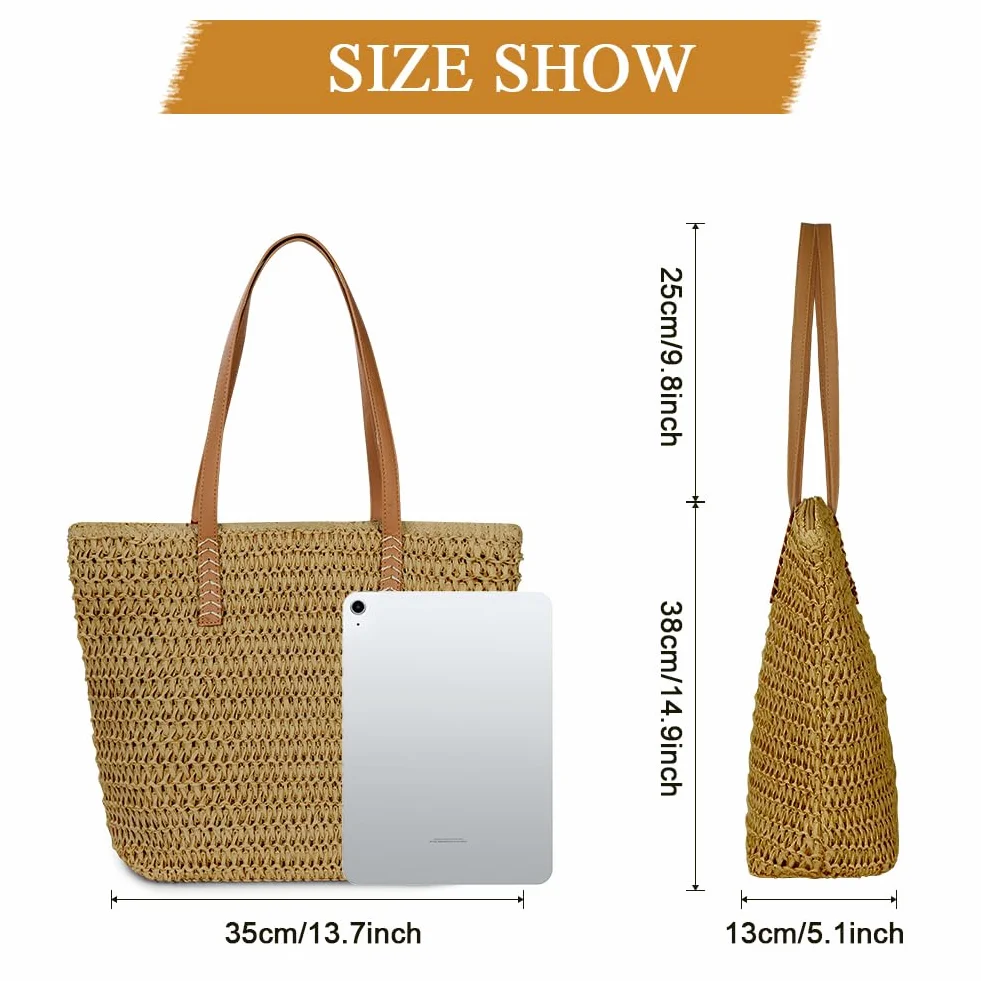 Sac à bandoulière en paille pour femme, grand sac de plage à fermeture éclair, fourre-tout bohème d'été