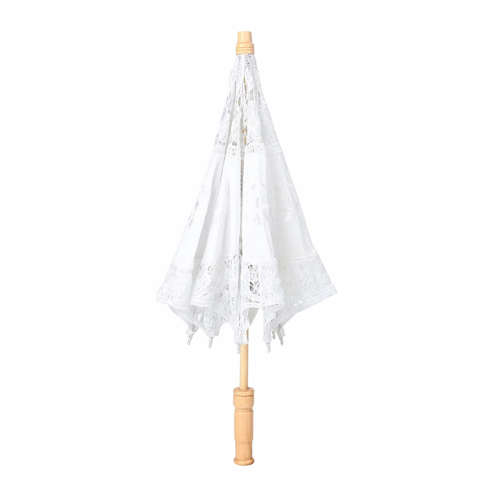Parapluie de Mariée en Dentelle avec Manche en Bois, Broderie Fleurs Faite à la Main (L)