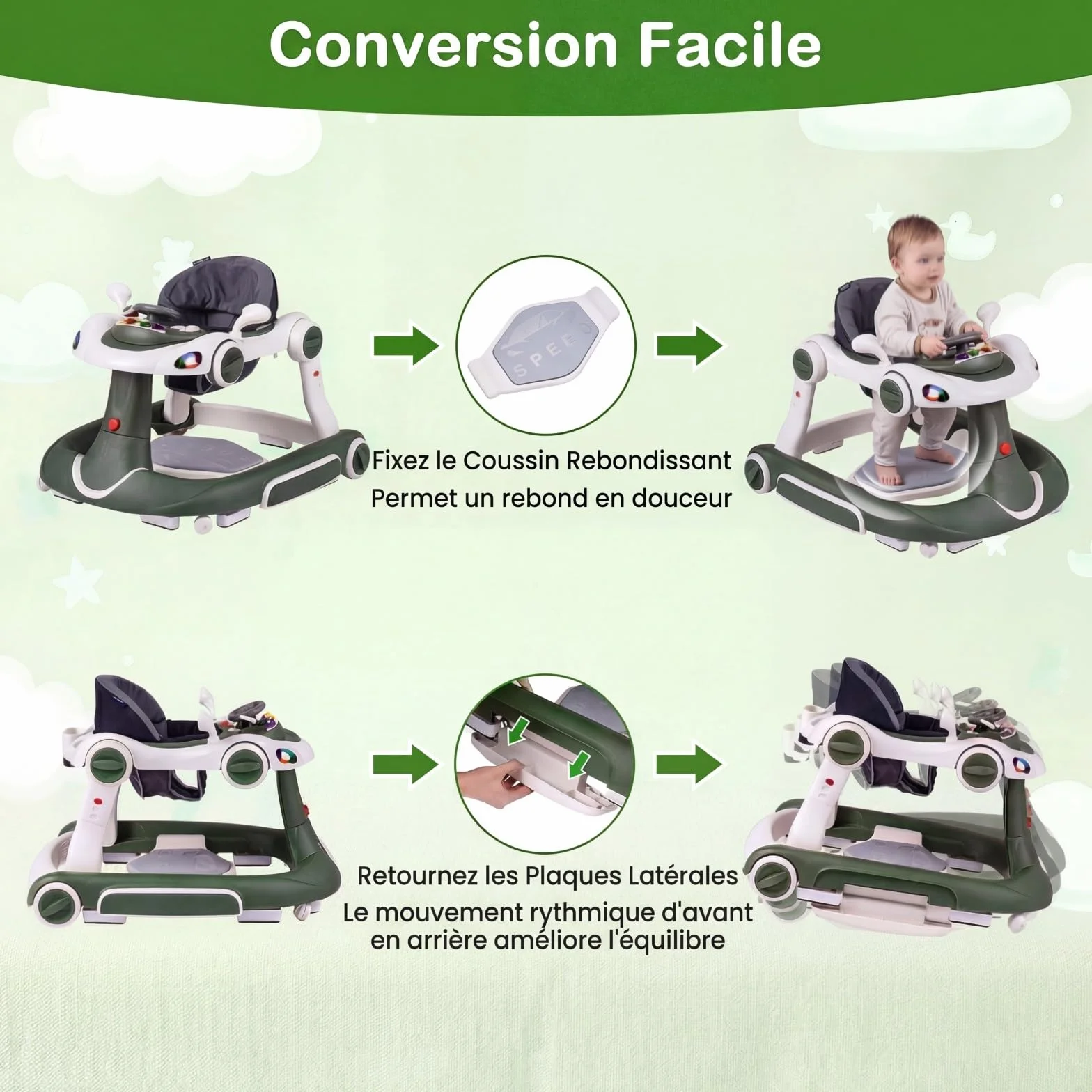COSTWAY Trotteur Bébé Pliable 7 en 1 avec Mode Bascule et Sautillant, Hauteur Réglable, Musique et Lumière, Charge 12kg, 7-18 Mois (Vert)
