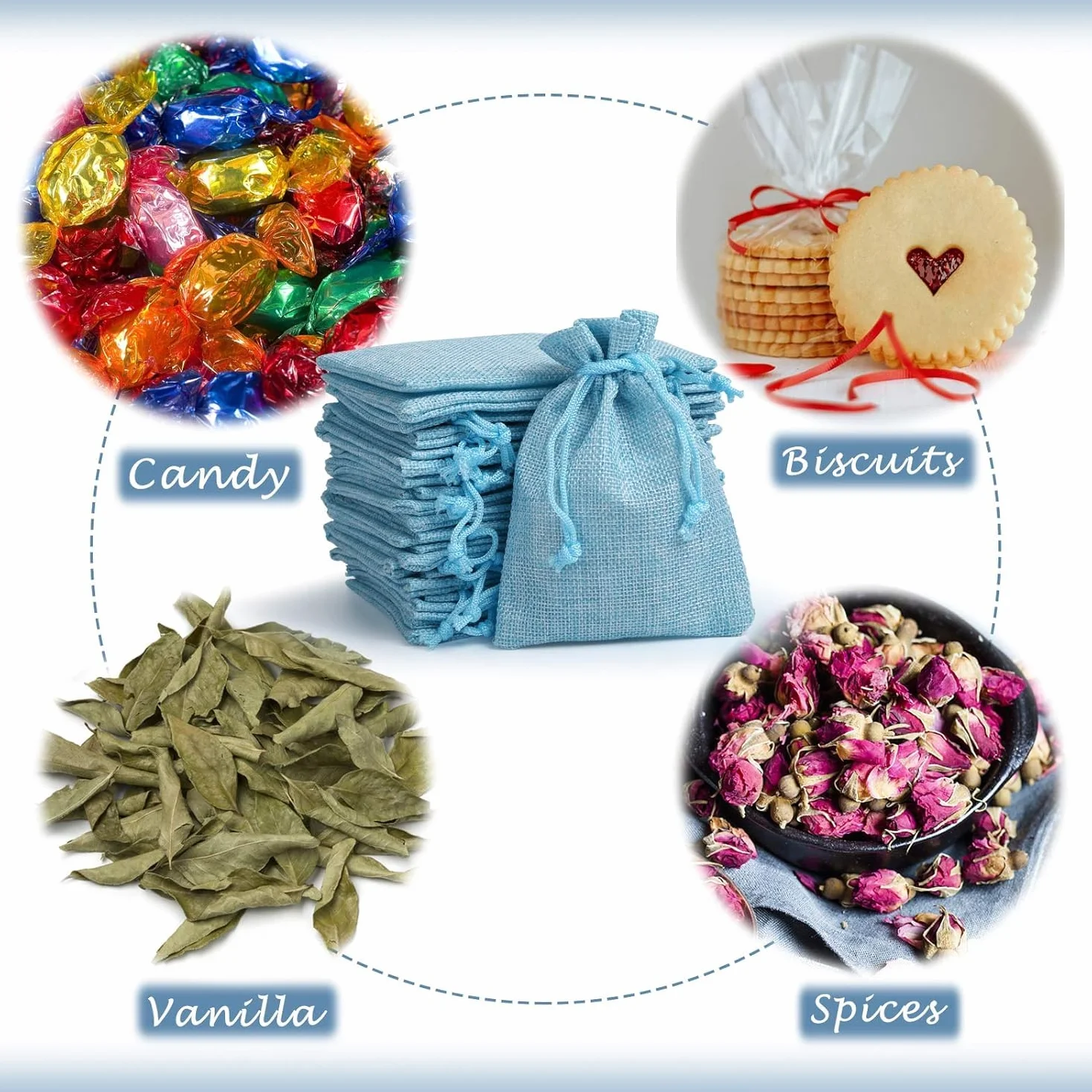 Sacs en Jute à Confettis MEISO 30 Pièces avec Ruban de Satin pour Mariage (Bleu)