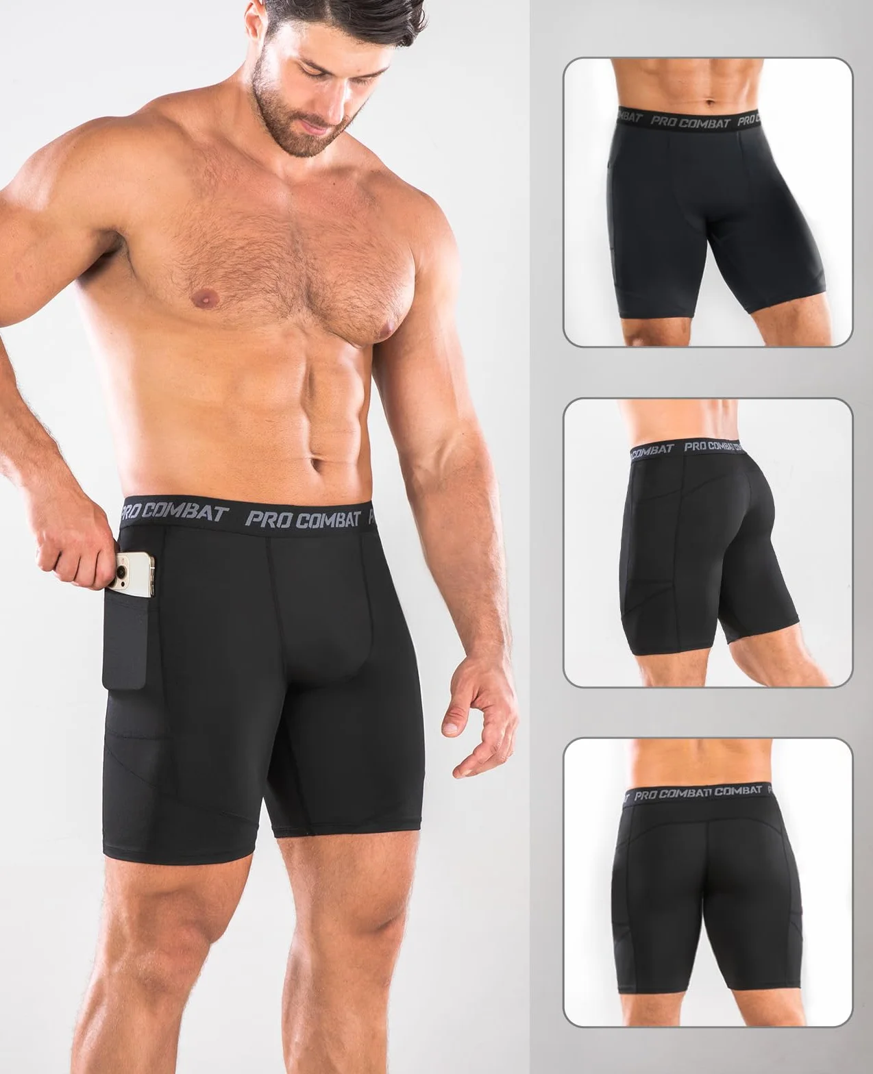 Niksa Short de Compression Homme à Séchage Rapide Respirant Sport Ajusté avec Poches pour Téléphone