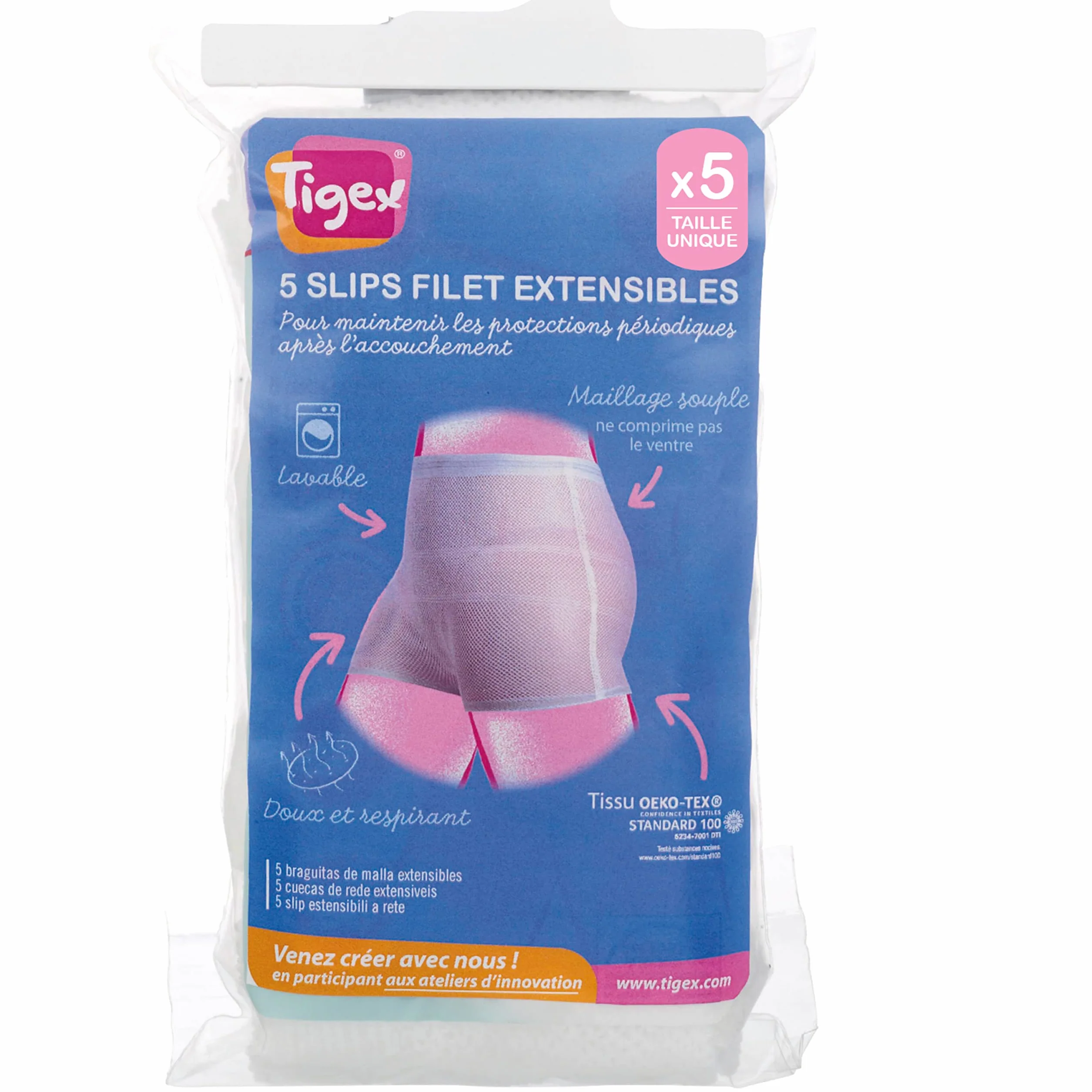 Tigex Slip Jetable Maternité Filet Extensibles Lavable Taille Unique Blanc Lot de 5