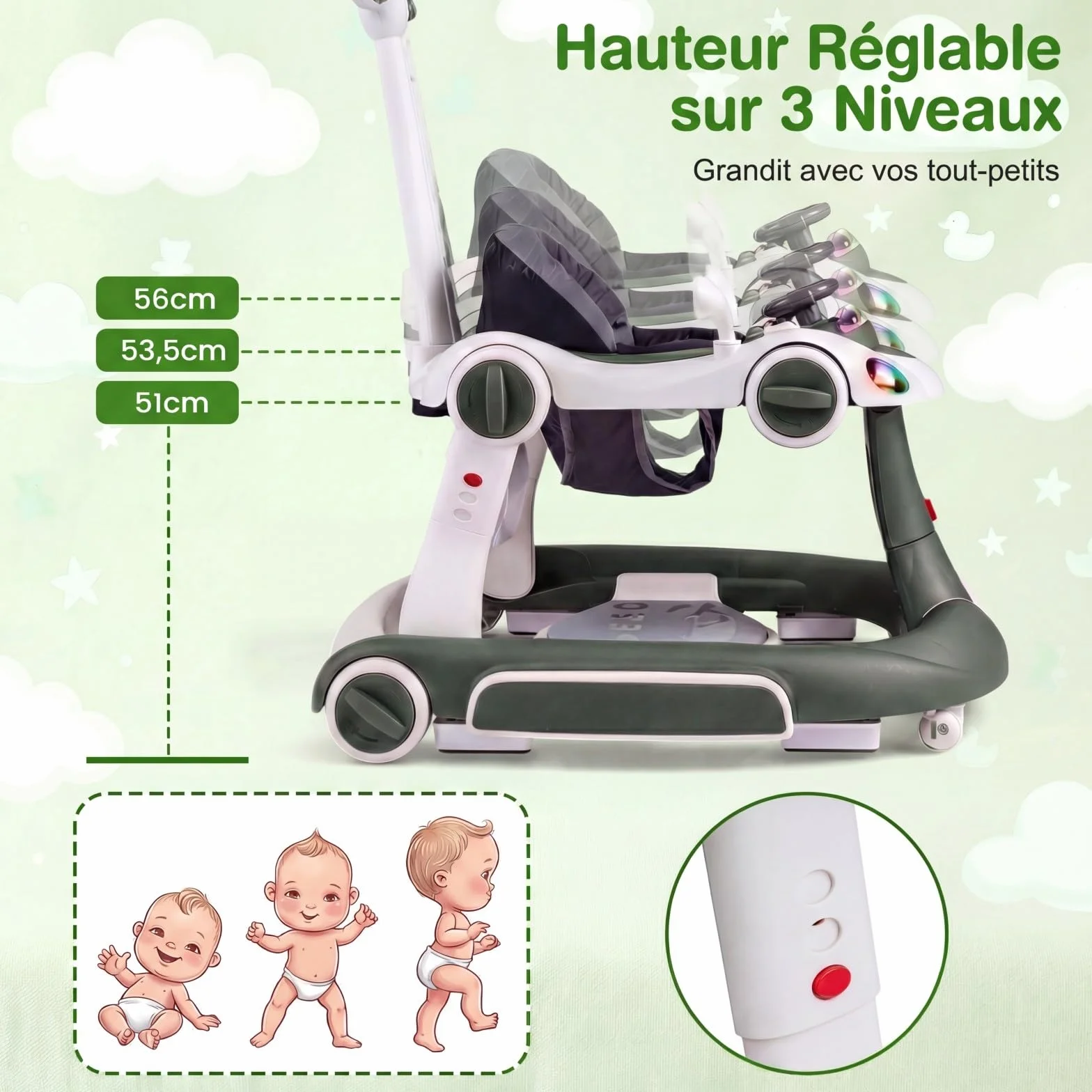 COSTWAY Trotteur Bébé Pliable 7 en 1 avec Mode Bascule et Sautillant, Hauteur Réglable, Musique et Lumière, Charge 12kg, 7-18 Mois (Vert)