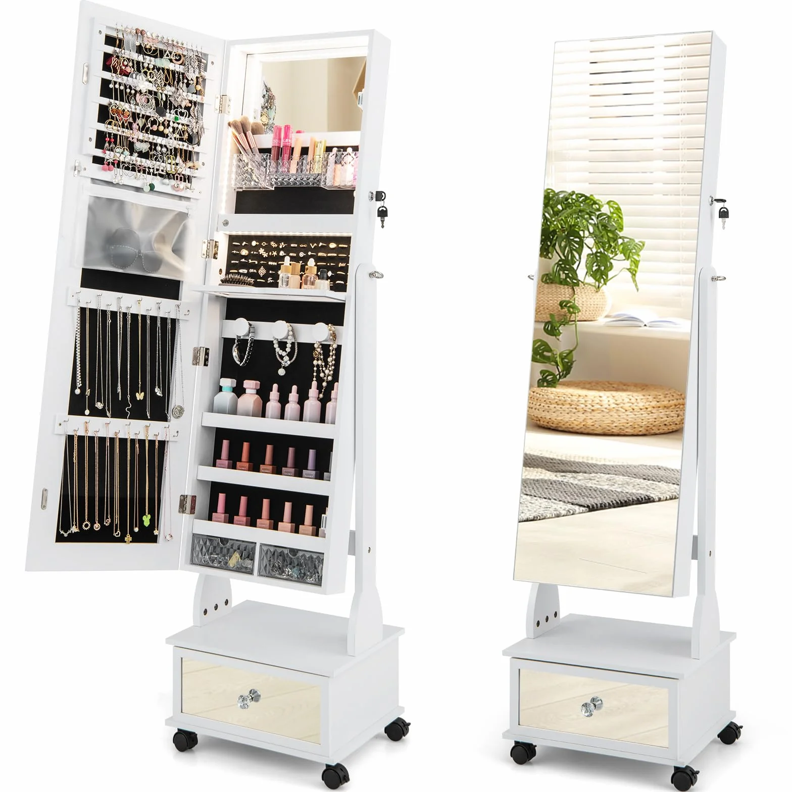 COSTWAY Armoire à Bijoux sur Roulettes Verrouillable avec Miroir Psyché et Lumières LED 3 Couleurs (Blanc)