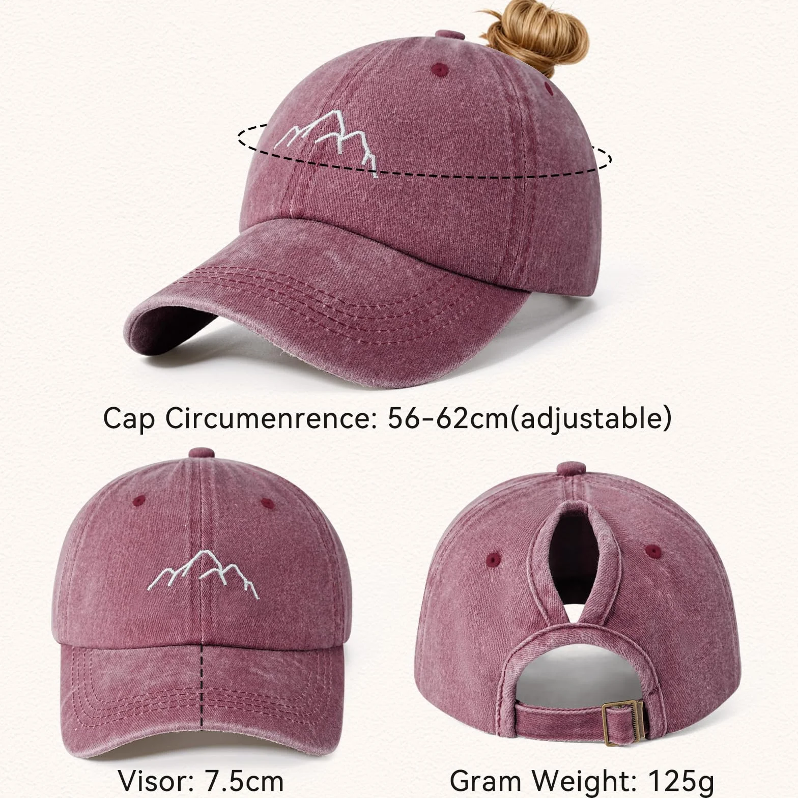 Casquette Femme Queue de Cheval Réglable Coton Respirante Broderie Baseball Cap
