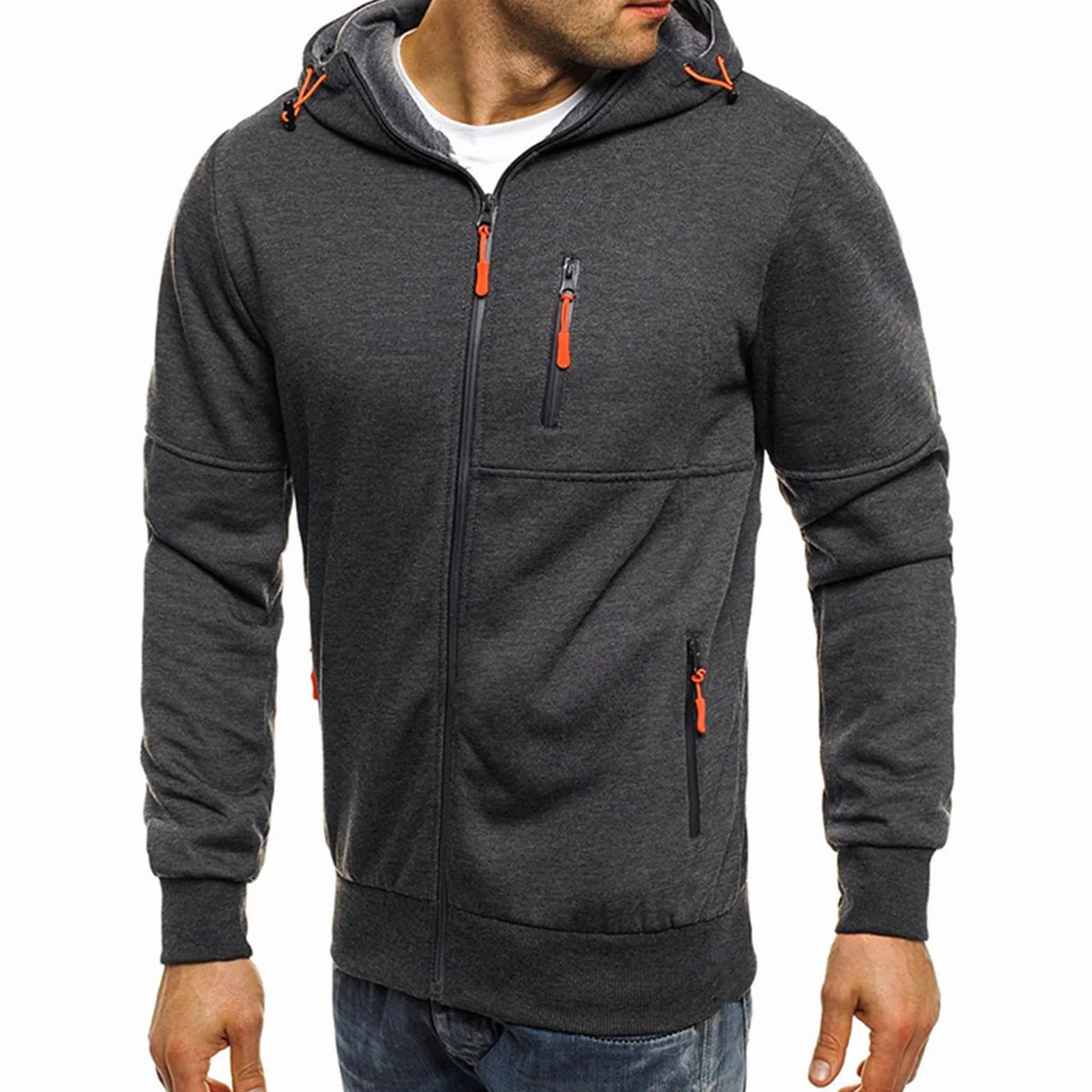 Sweats à Capuche Hommes Zippé Chaud Veste Sport Léger Respirant Hoodie Pull Manches Longues Couleur Unie Sportswear Poche Grande Taille