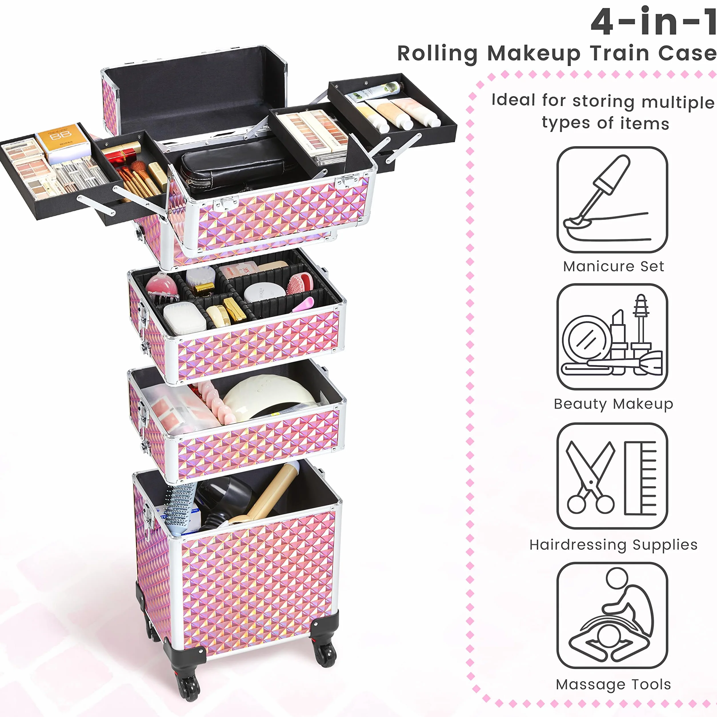 Abician Grande Valise de Maquillage 4 en 1 Mallette Professionnelle Beauty Case Voyage 34×25,5×80,2 cm Rose Pailleté