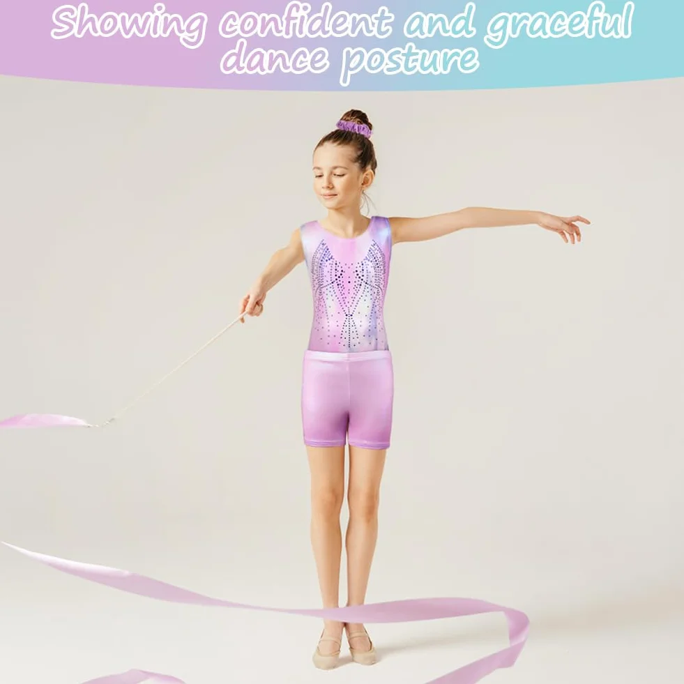 AOOWU Ensemble Gymnastique 3PCS Justaucorps Enfant Brillant Dégradé avec Short Bandeau Costume Patinage Artistique Danse Ballet Fille 5-8 Ans