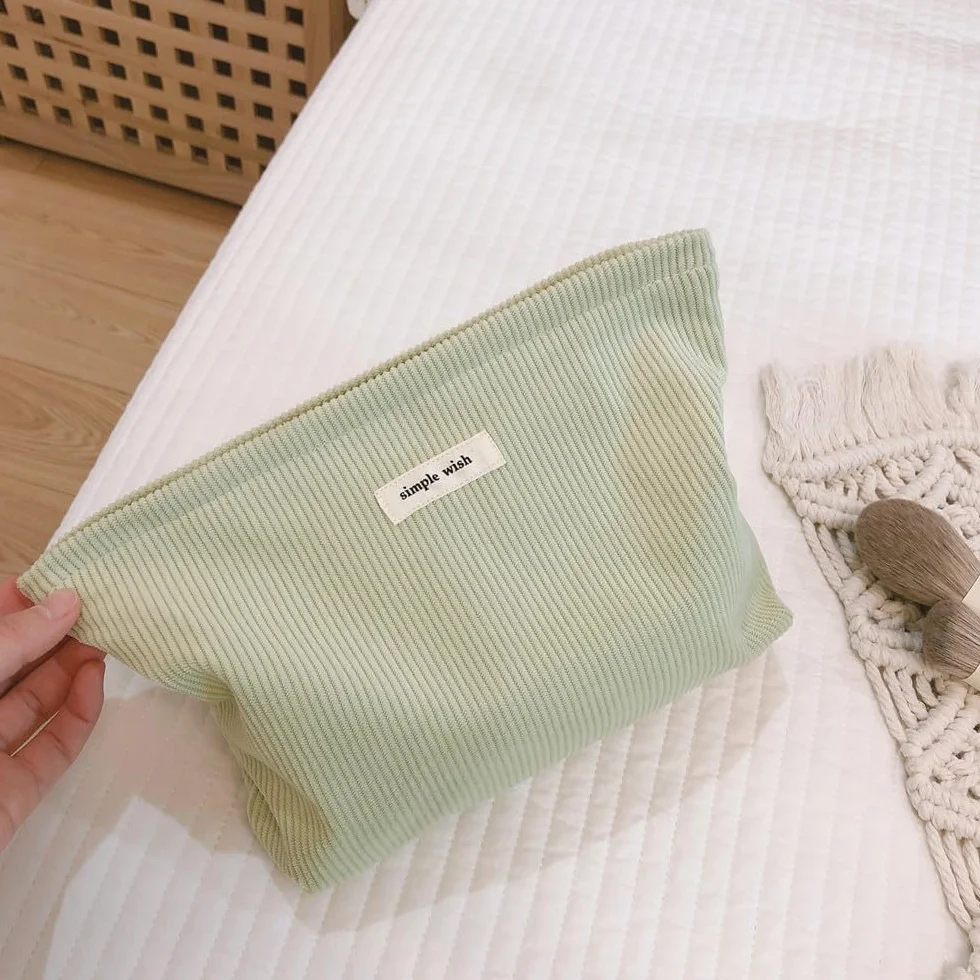 Trousse de Toilette Femme en Velours Côtelé pour Voyage, Maquillage, Sac Cosmétique (Vert)